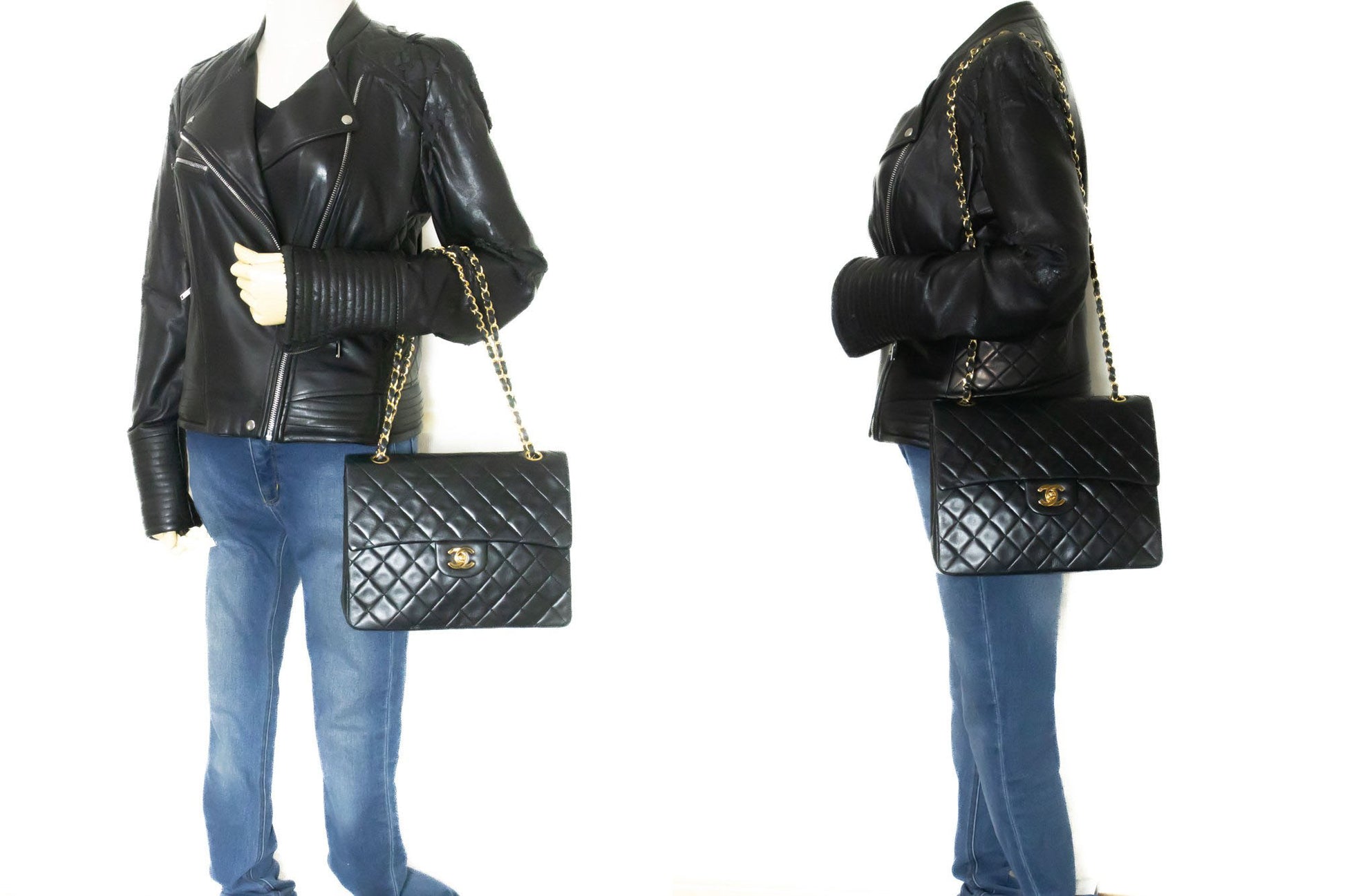 CHANEL Classic Double Flap Square Chain Schultertasche Schwarz Lamm ad7 hannari-shop