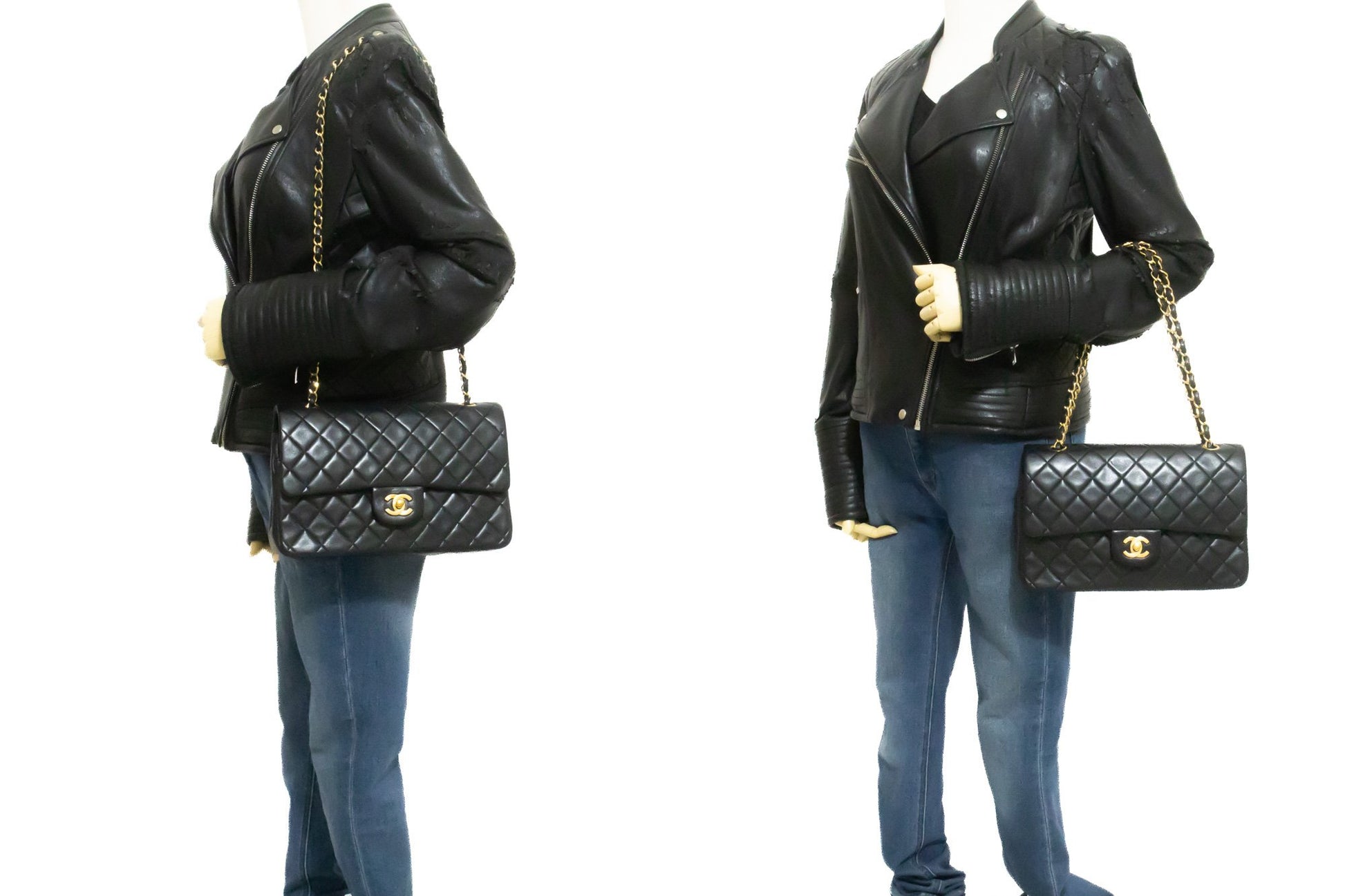 CHANEL Classic Double Flap 10" Kettenschultertasche aus schwarzem Lammleder am3 hannari-shop