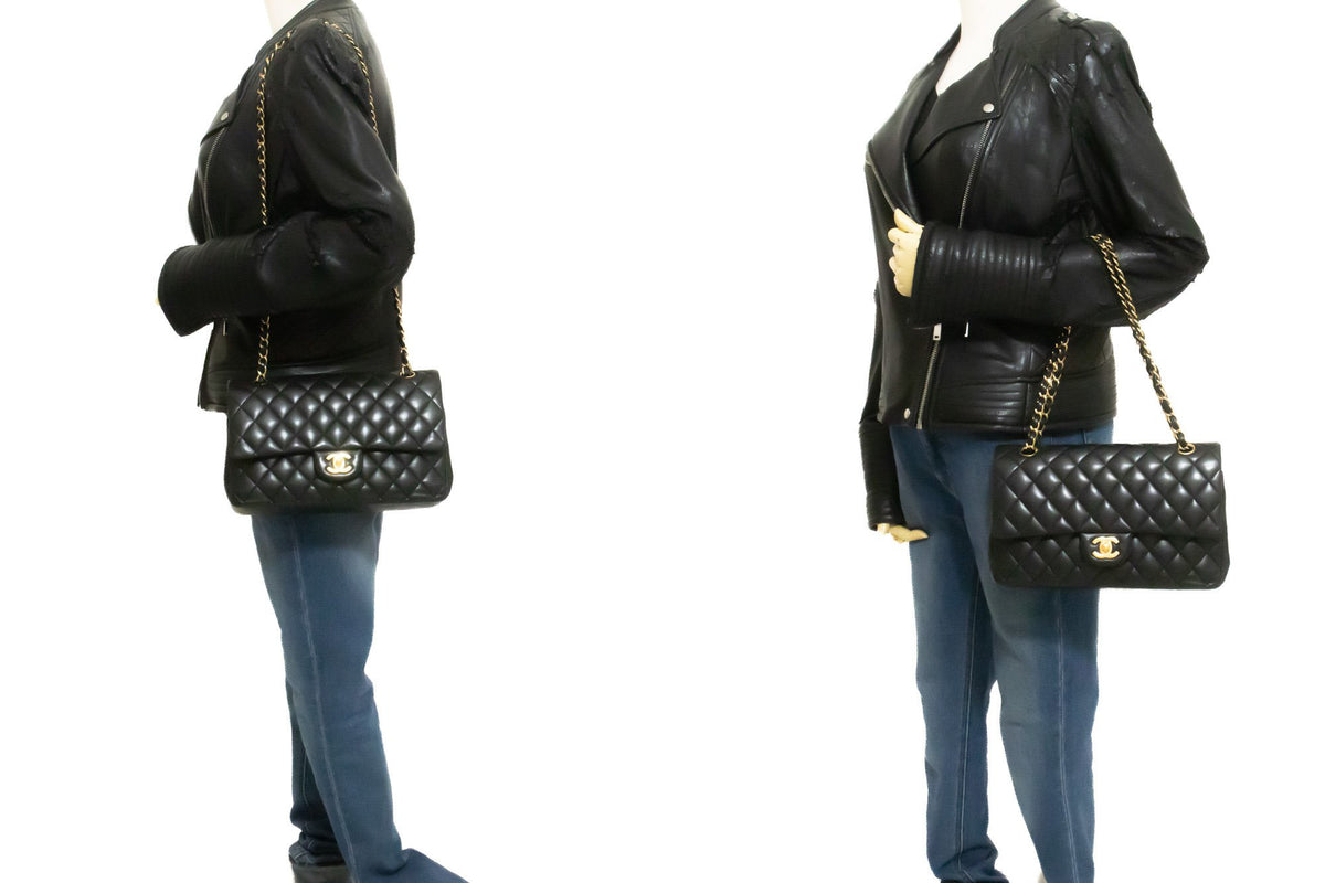 CHANEL Classic Double Flap 10" Chain Shoulder Bag Black Lambskin aq1 — am Modell hannari-shop
