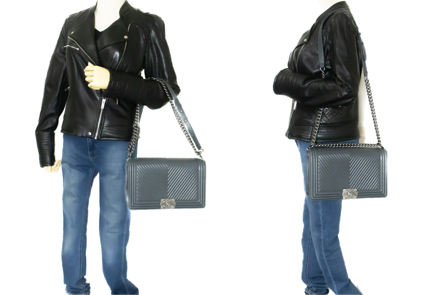 CHANEL Boy Dunkelgraue V-Steppkette Schultertasche Gestepptes Klappfach n41 hannari-shop