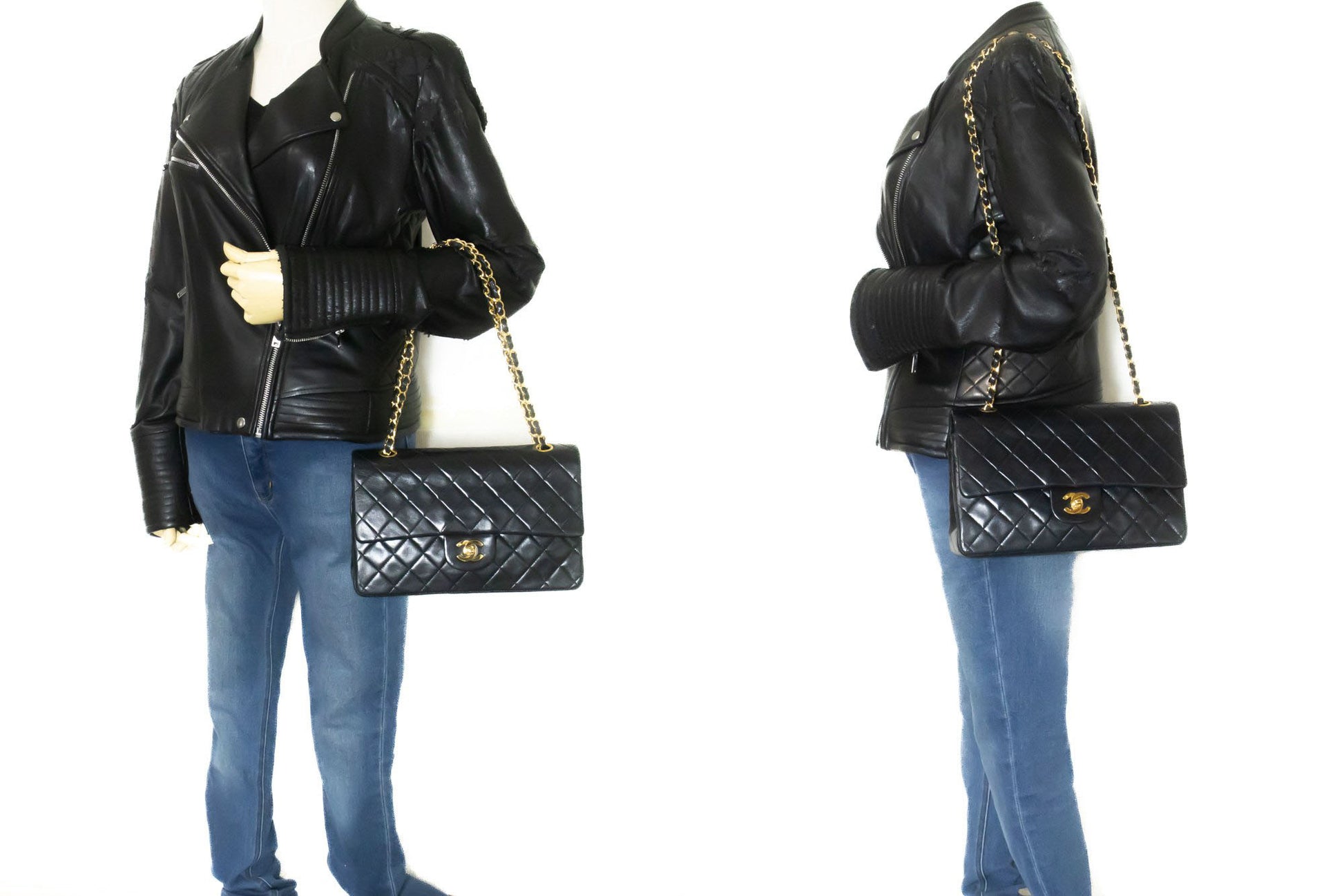 CHANEL Classic Double Flap 10" Kettenschultertasche Schwarz Lammleder ad8 hannari-shop