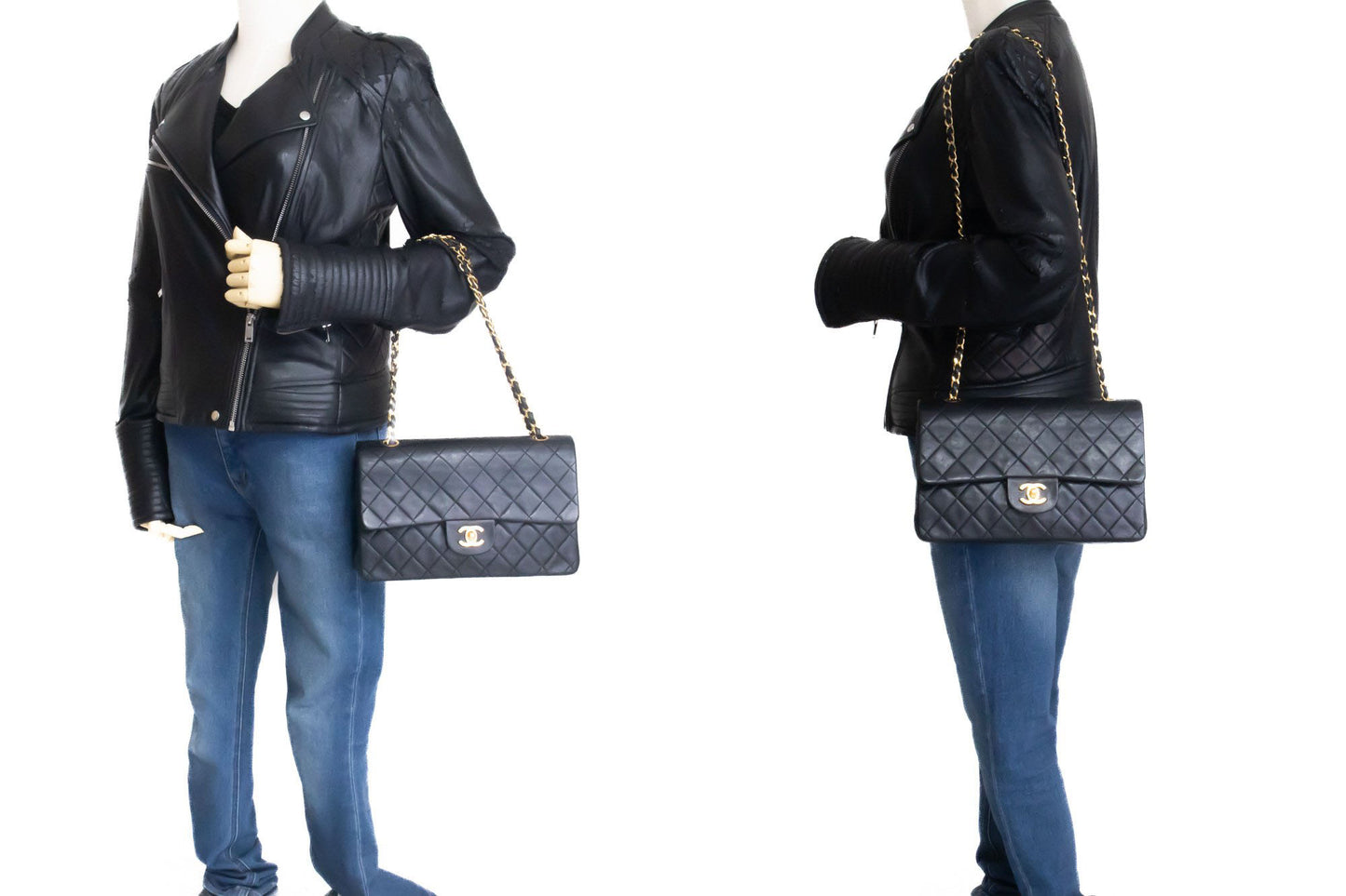 CHANEL Classic Double Flap 10" Chain Shoulder Bag Black Lambskin ag5 hannari-shop
