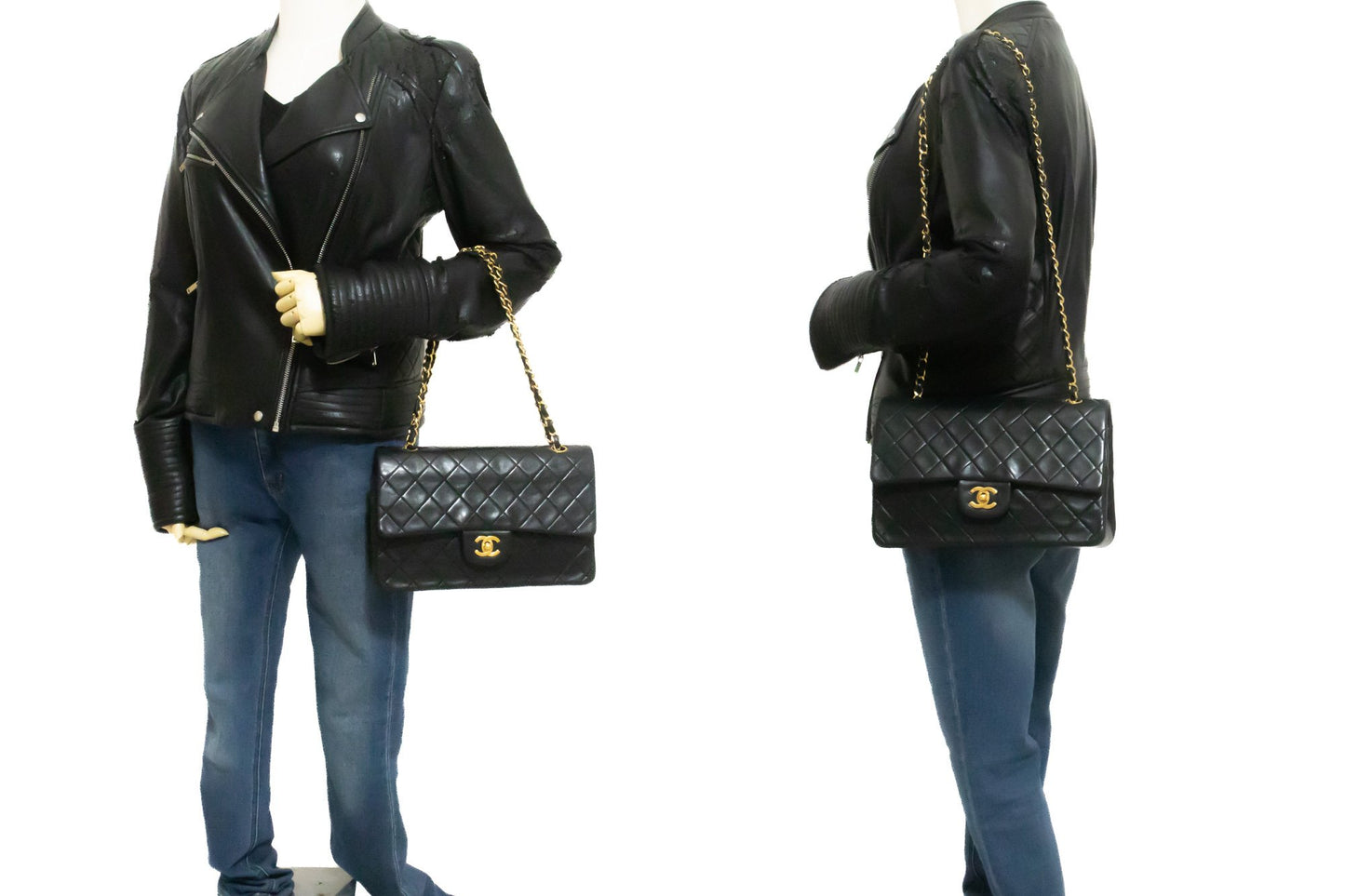 CHANEL Classic Double Flap 10" Kettenschultertasche aus schwarzem Lammleder am2 hannari-shop