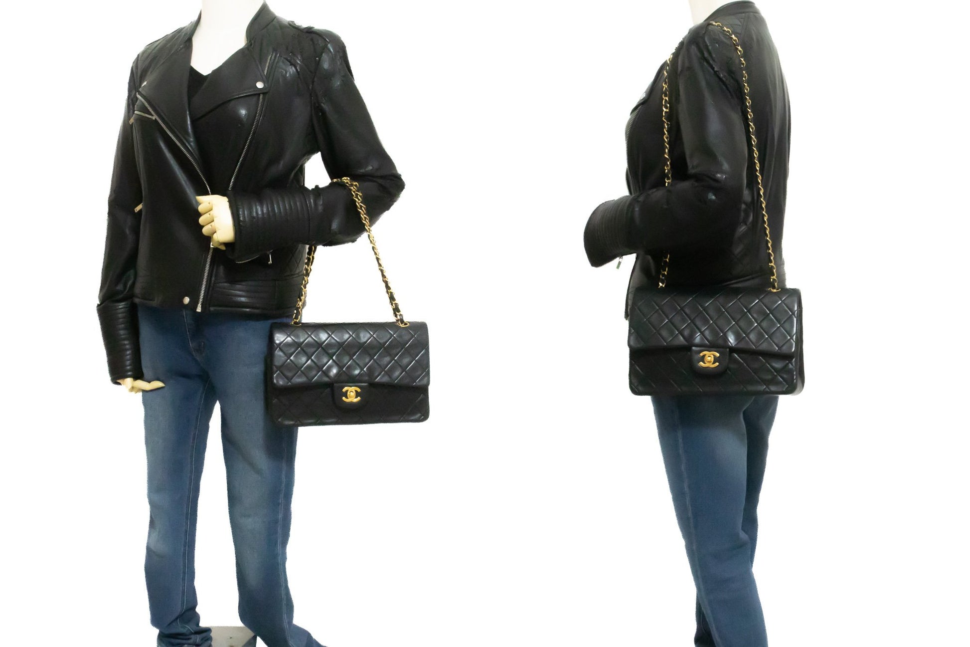 CHANEL Classic Double Flap 10" Kettenschultertasche aus schwarzem Lammleder am2 hannari-shop