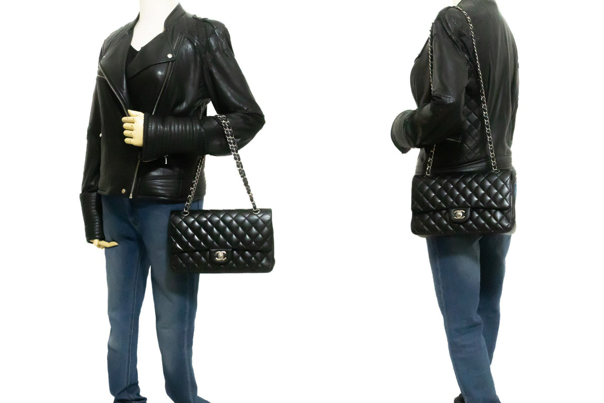 CHANEL Classic Double Flap 10" Chain Shoulder Bag Black Lambskin am5 hannari-shop