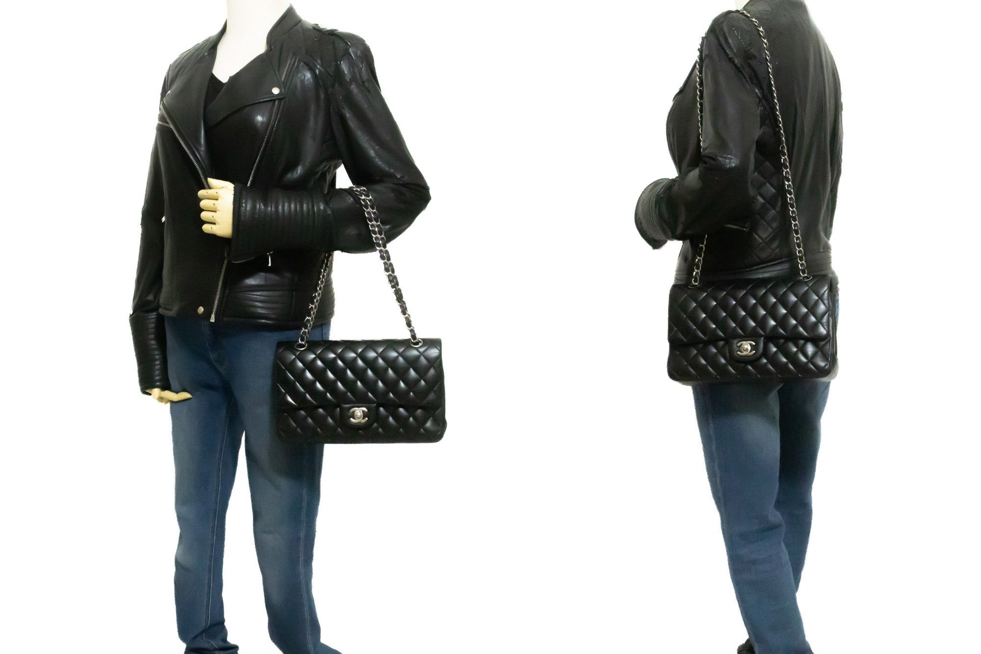 CHANEL Classic Double Flap 10" Chain Shoulder Bag Black Lambskin am5 hannari-shop