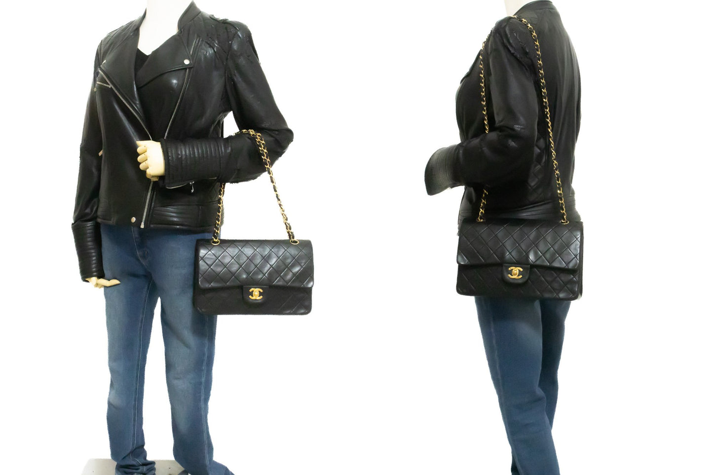 CHANEL Classic Double Flap 10" Chain Shoulder Bag Black Lambskin ak8 hannari-shop