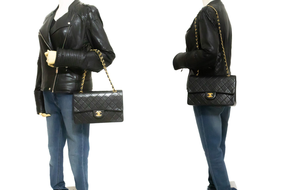 CHANEL Classic Double Flap 10" Chain Shoulder Bag Black Lambskin ao6 — am Modell hannari-shop