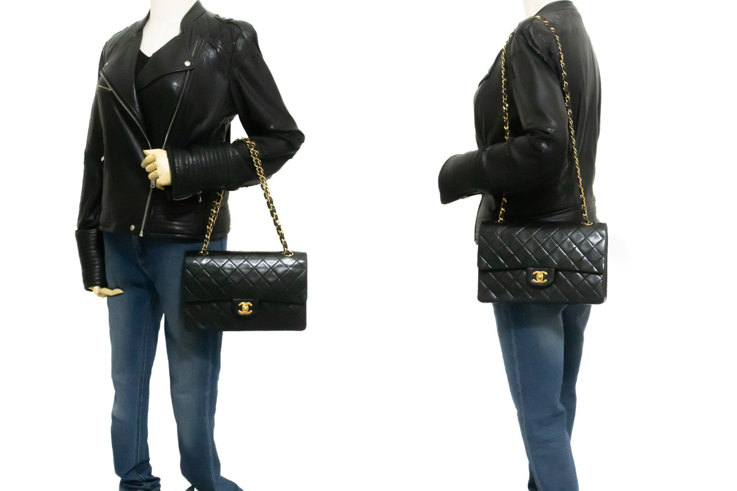 CHANEL Classic Double Flap 10" Ketten-Schultertasche Schwarz Lammleder ak9 hannari-shop