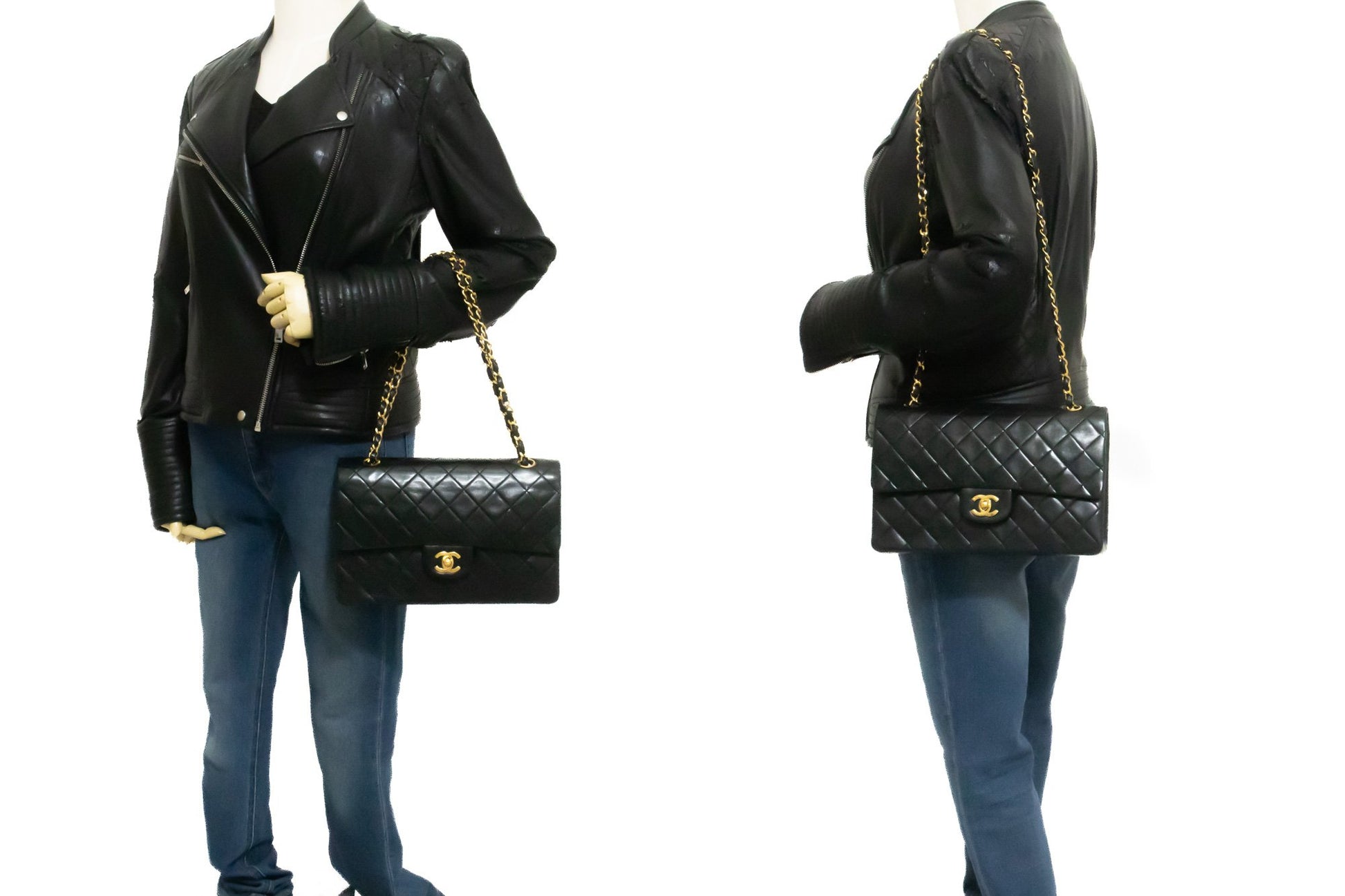 CHANEL Classic Double Flap 10" Ketten-Schultertasche Schwarz Lammleder ak9 hannari-shop