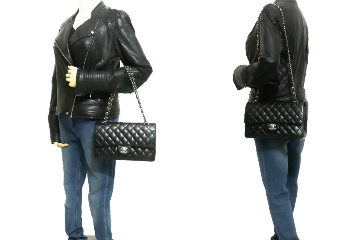 CHANEL Classic Double Flap 10" Chain Shoulder Bag Black Lambskin am6 hannari-shop