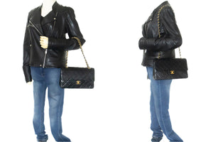 CHANEL Classic Double Flap 10" Chain Shoulder Bag Black Lambskin n98 hannari-shop