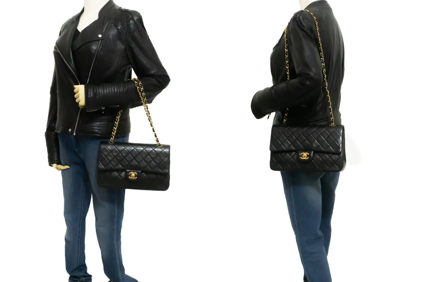 CHANEL Classic Double Flap 10" Ketten-Umhängetasche Schwarz Lammleder ak7 hannari-shop