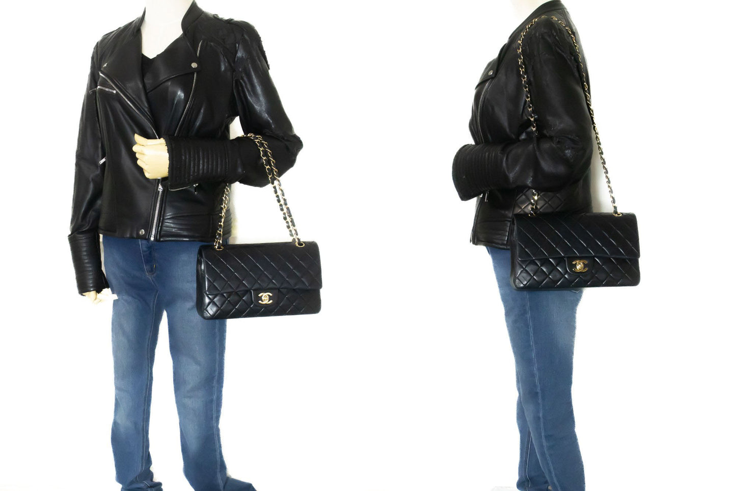 CHANEL Classic Double Flap 10" Kettenschultertasche Schwarz Lammleder ac9 hannari-shop