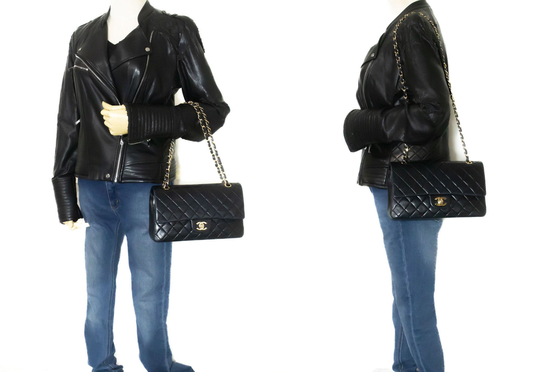 CHANEL Classic Double Flap 10" Kettenschultertasche Schwarz Lammleder ac9 hannari-shop
