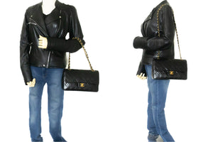 CHANEL Classic Double Flap 10" Chain Shoulder Bag Black Lambskin m75 hannari-shop