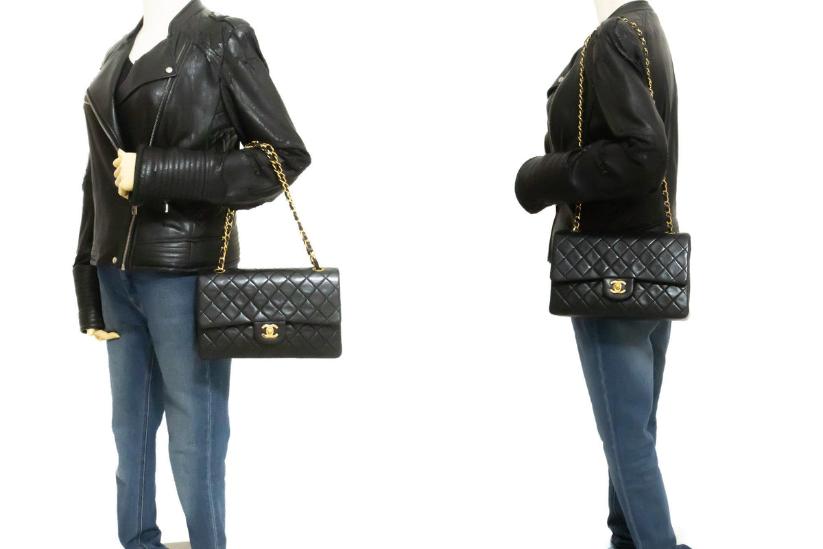 CHANEL Classic Double Flap 10" Chain Shoulder Bag Black Lambskin ap6 — am Mannequin hannari-shop