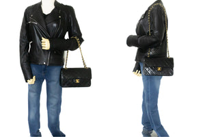 CHANEL Classic Double Flap 9" Chain Shoulder Bag Black Lambskin m85 hannari-shop