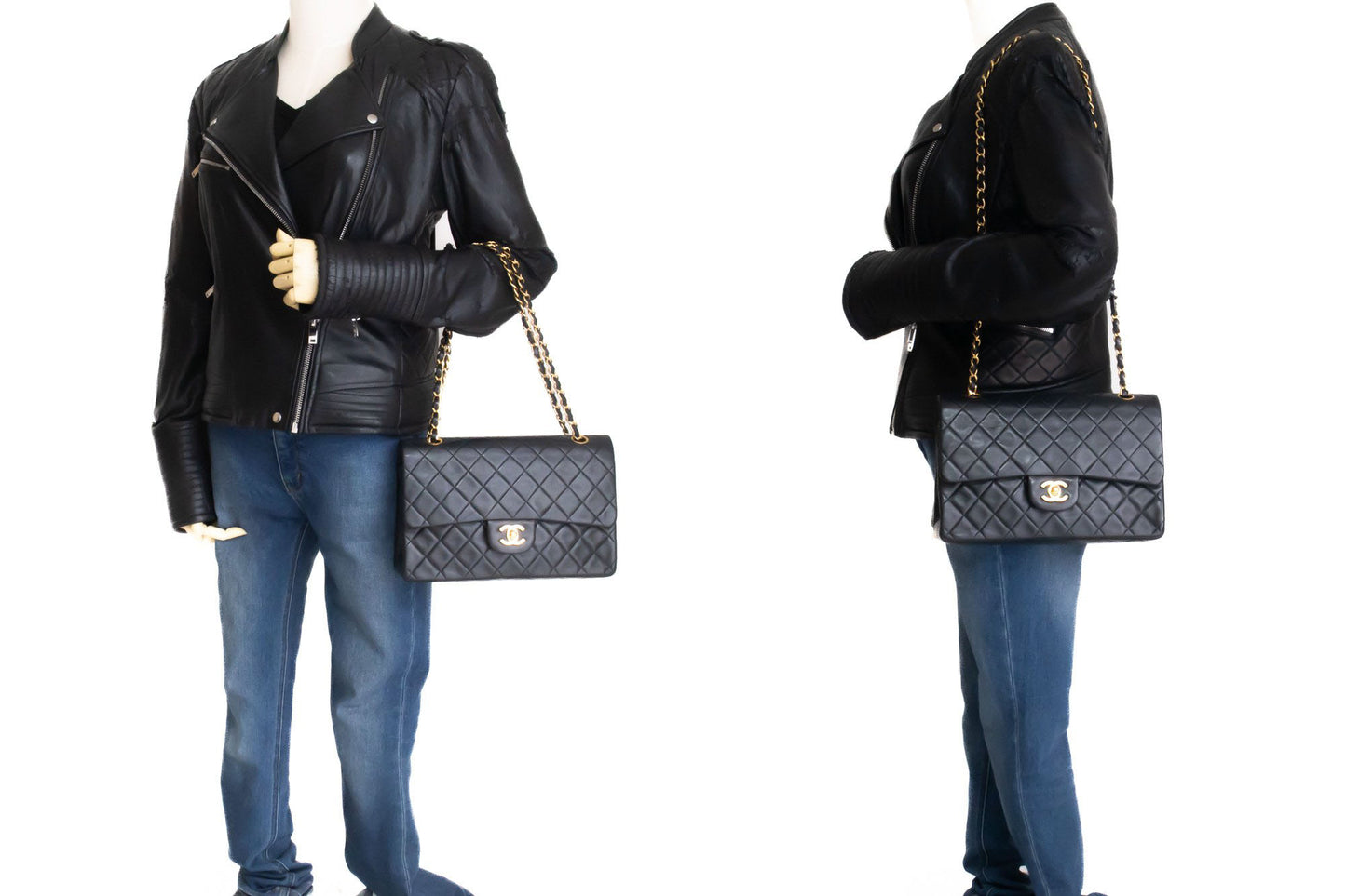 CHANEL Classic Double Flap 10" Schultertasche mit Kette, Schwarz, Lammleder ag1 hannari-shop