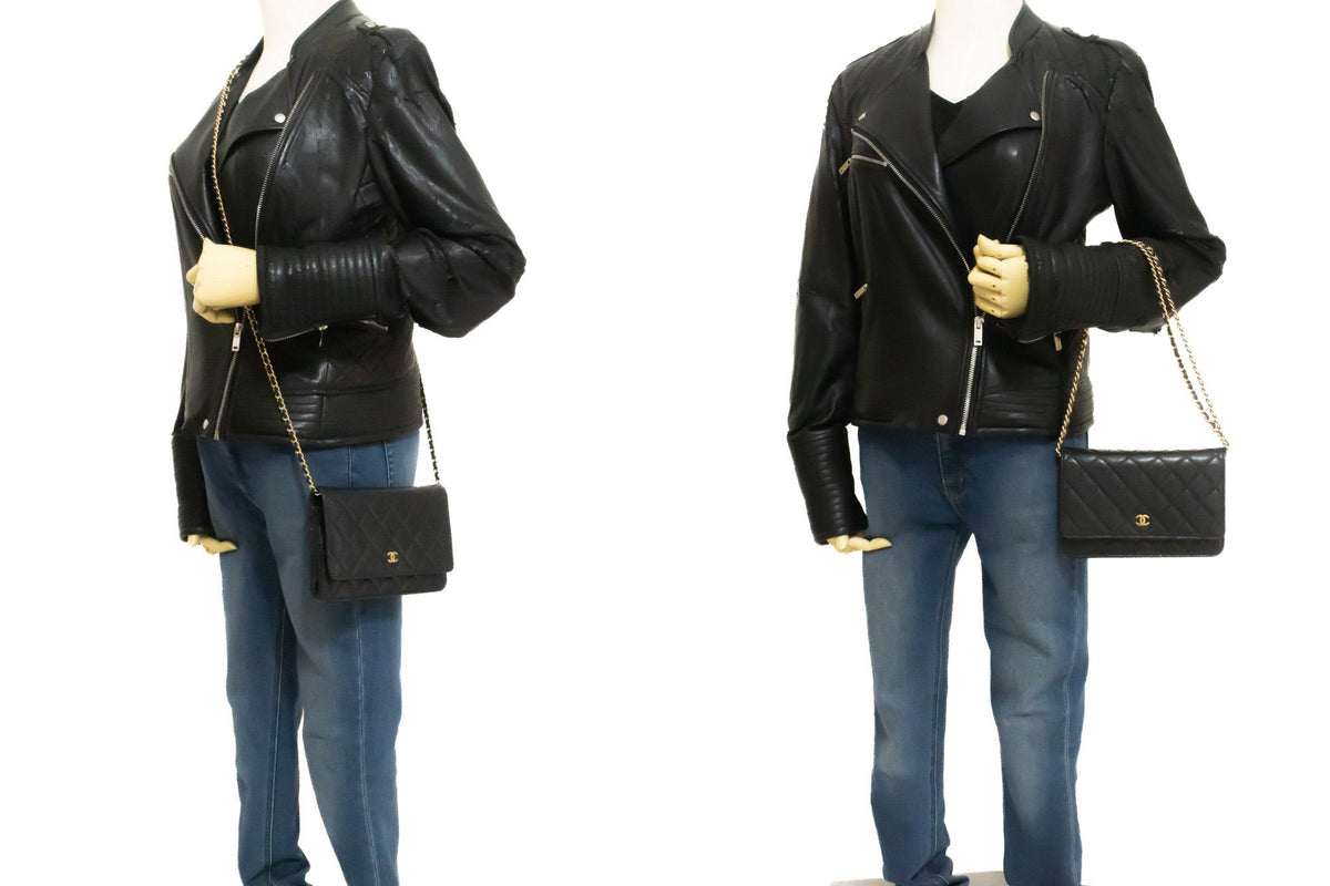 CHANEL Grained Calfskin Wallet On Chain WOC Black Shoulder Bag ap1 — on mannequin hannari-shop