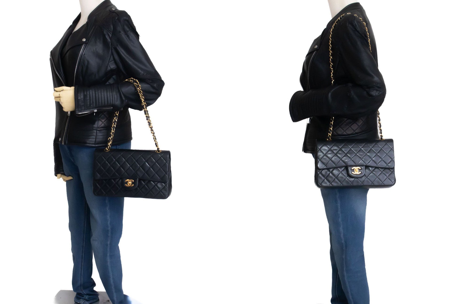 CHANEL Classic Double Flap 10" Kettenschultertasche Schwarz Lammleder ah7 hannari-shop