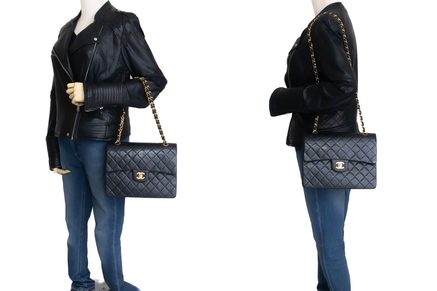 CHANEL Classic Double Flap Square Chain Shoulder Bag Black Lamb ah5 hannari-shop