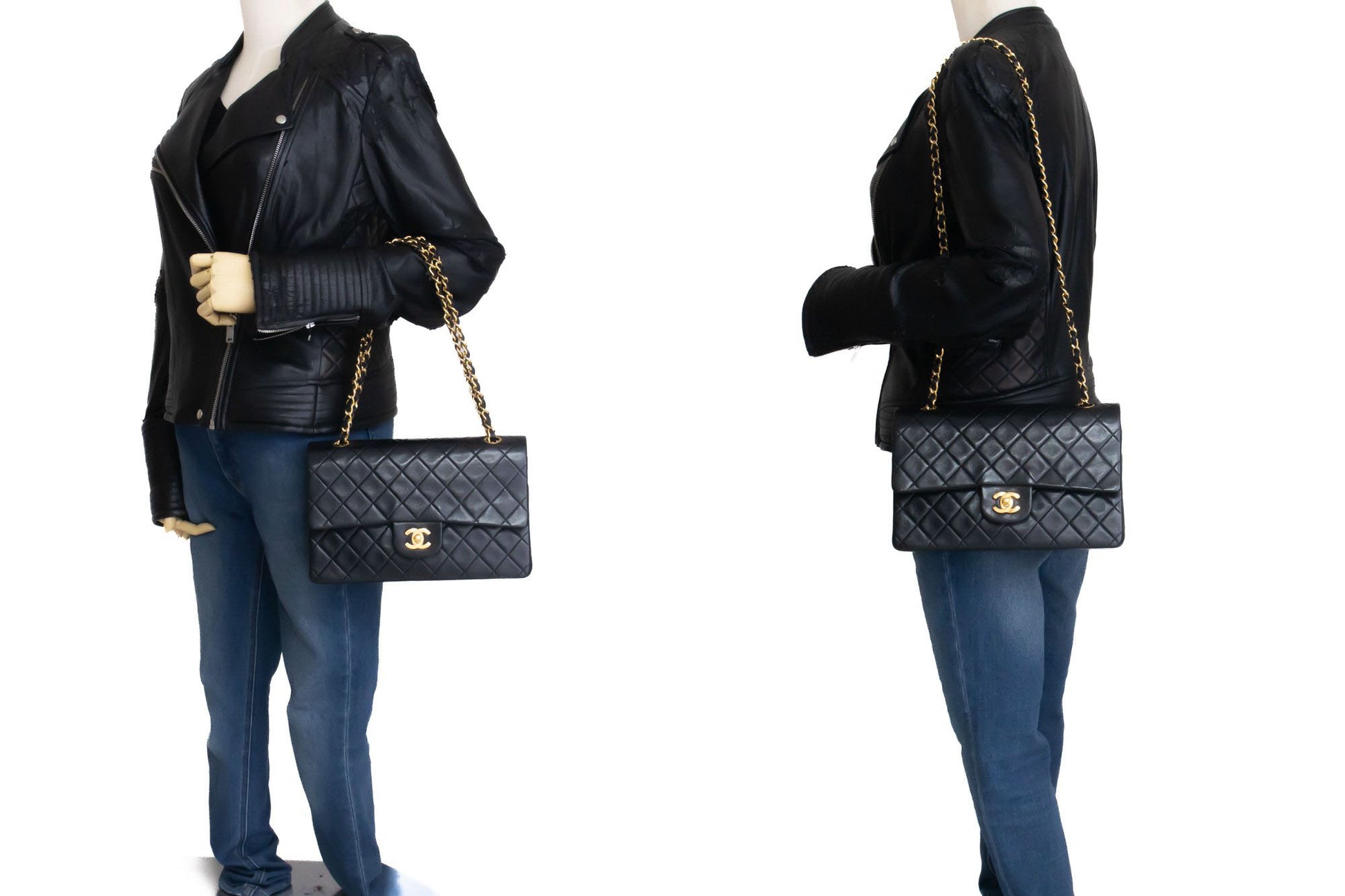 CHANEL Classic Double Flap 10" Kettenschultertasche Schwarz Lammleder aj9 hannari-shop
