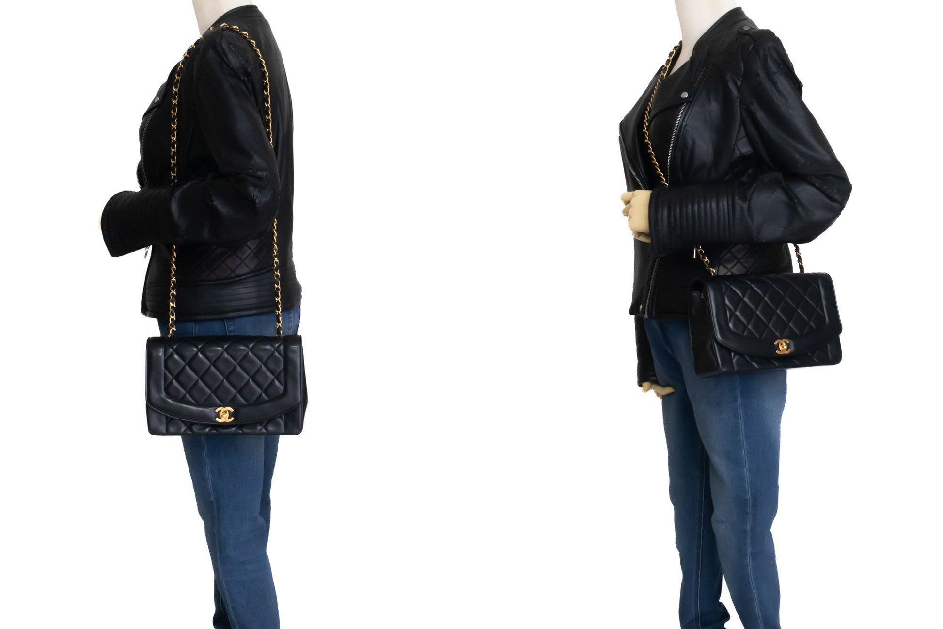 CHANEL Diana Flap Chain Schultertasche Schwarz Gepolstertes Lammleder ak2 hannari-shop