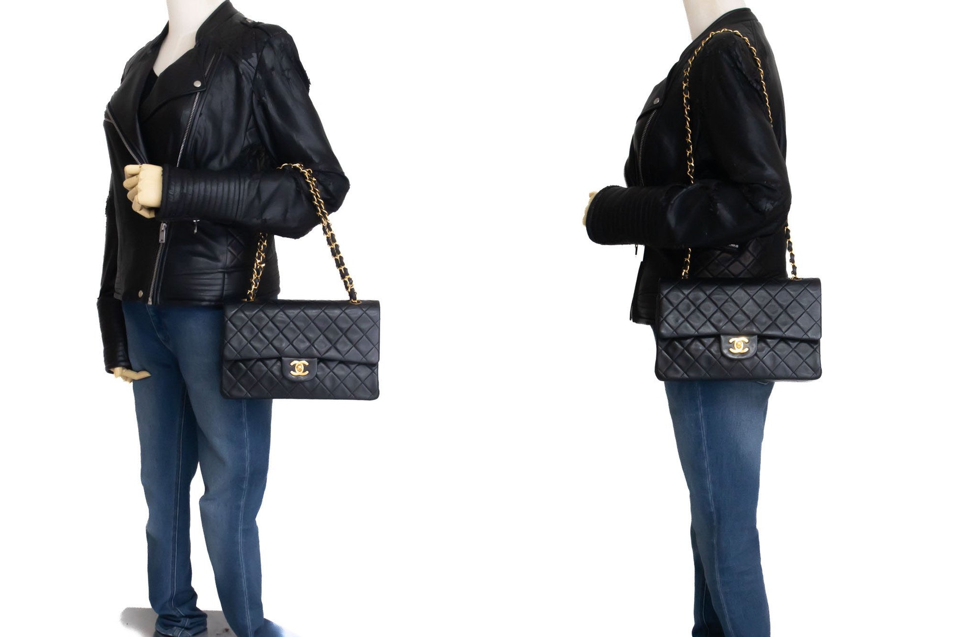 CHANEL Classic Double Flap 10" Kettenschultertasche Schwarz Lammleder ak3 hannari-shop
