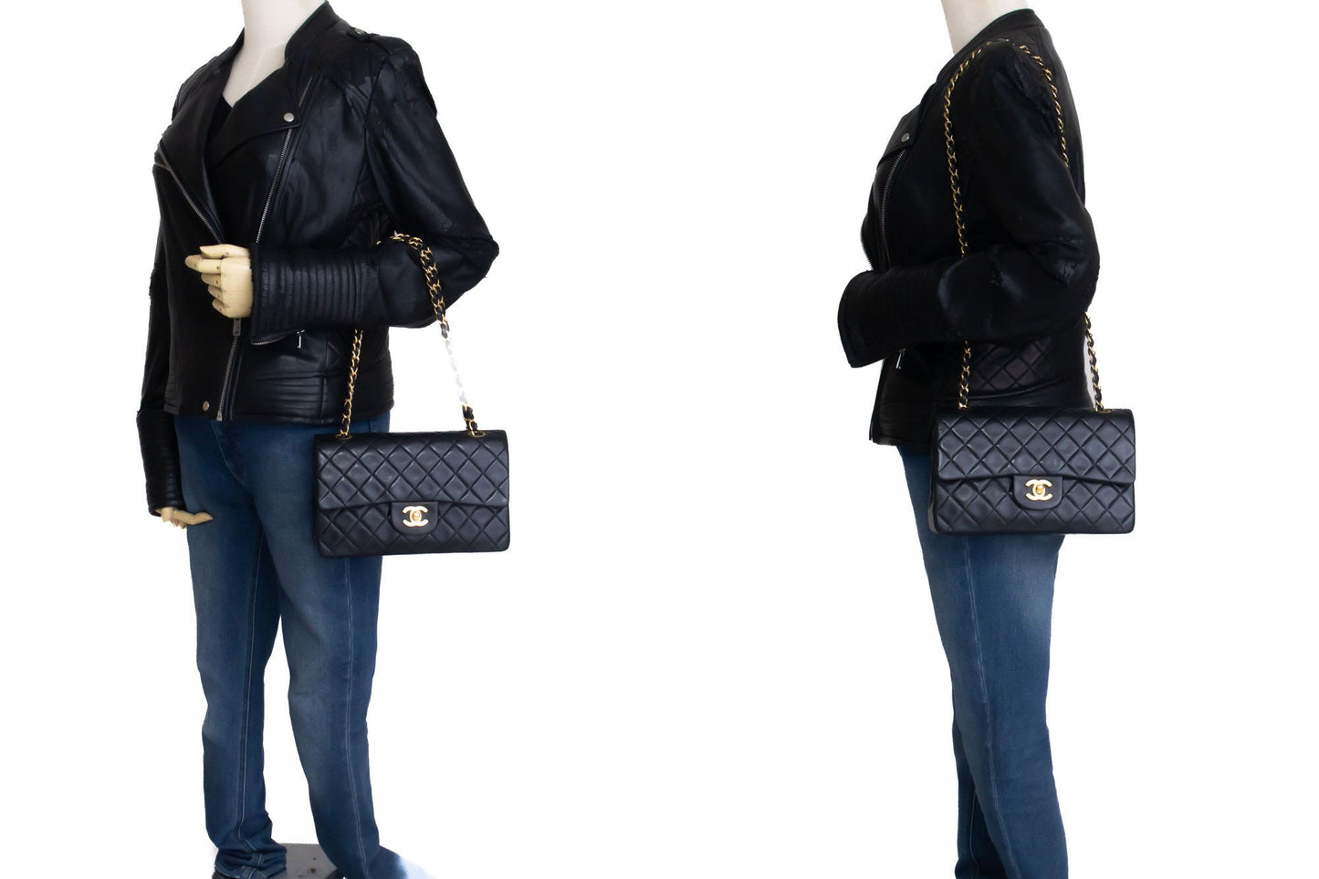 CHANEL Classic Double Flap 9" Kettenschultertasche Schwarz Lammleder aj4 hannari-shop