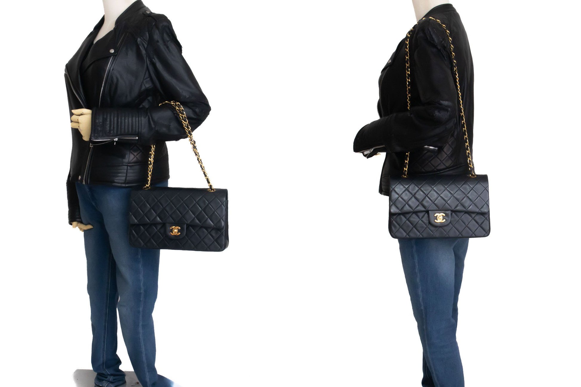 CHANEL Classic Double Flap 10" Kettenschultertasche Schwarz Lammleder aj5 hannari-shop