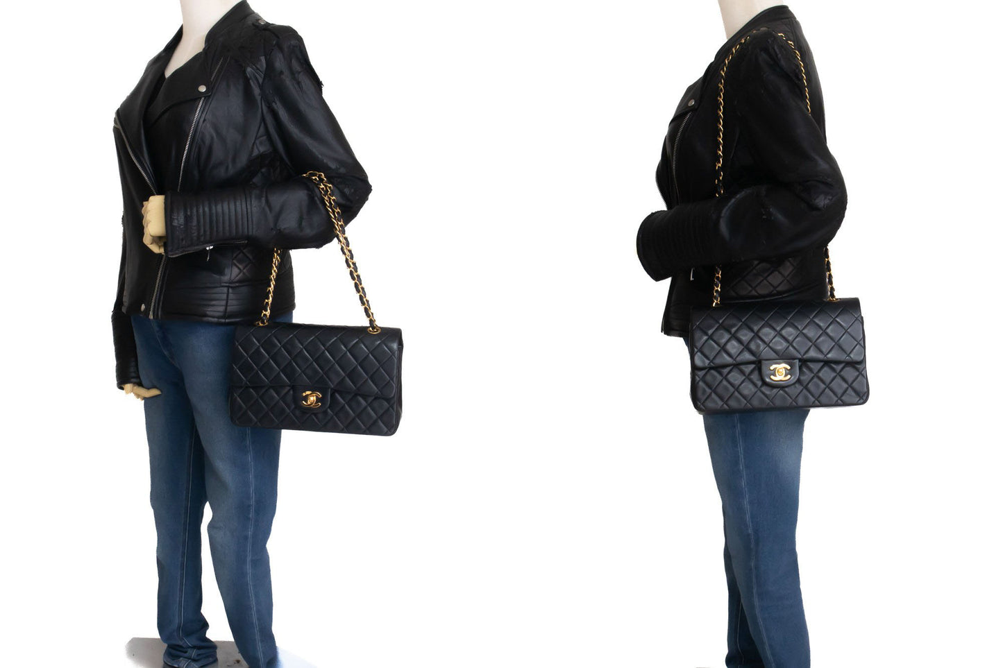 CHANEL Classic Double Flap 10" Chain Schultertasche Schwarz Lammleder aj8 hannari-shop