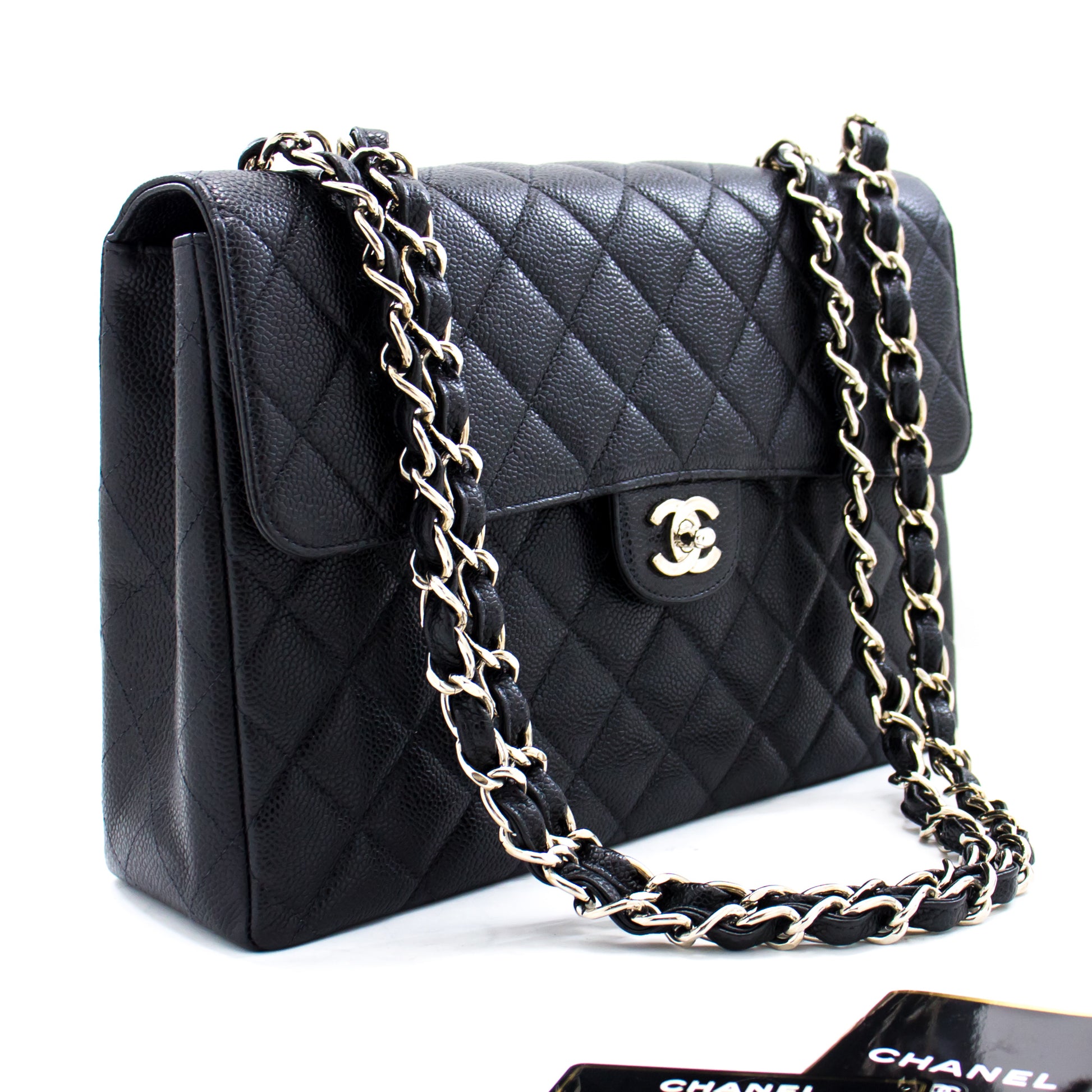CHANEL Large Classic Handbag Chain Shoulder Bag Flap Black Caviar g66 hannari-shop