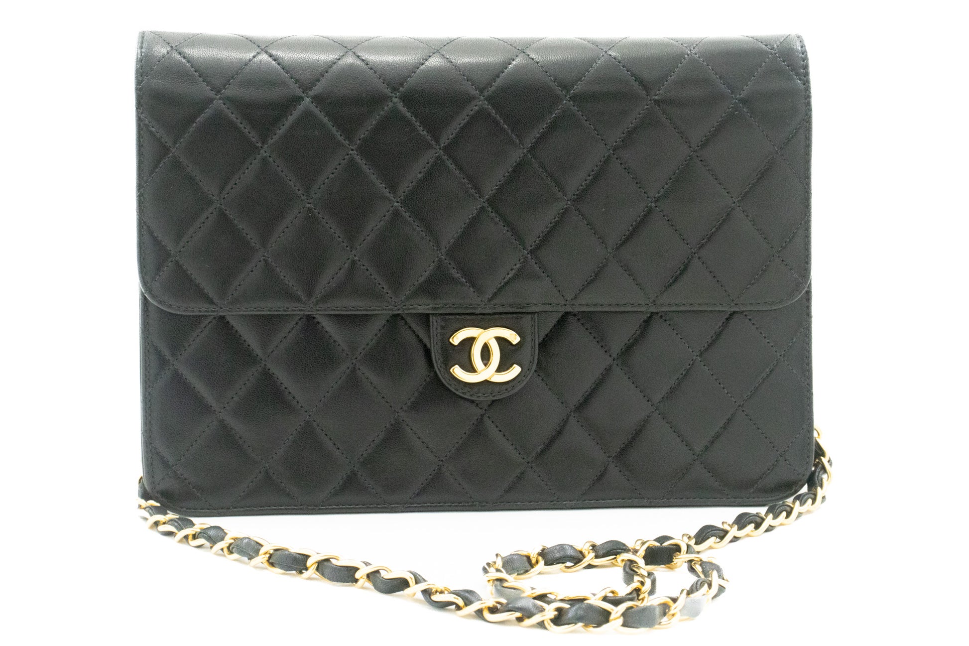 CHANEL Chain Shoulder Bag Clutch Black Quilted Flap Lambskin Purse k11 hannari-shop