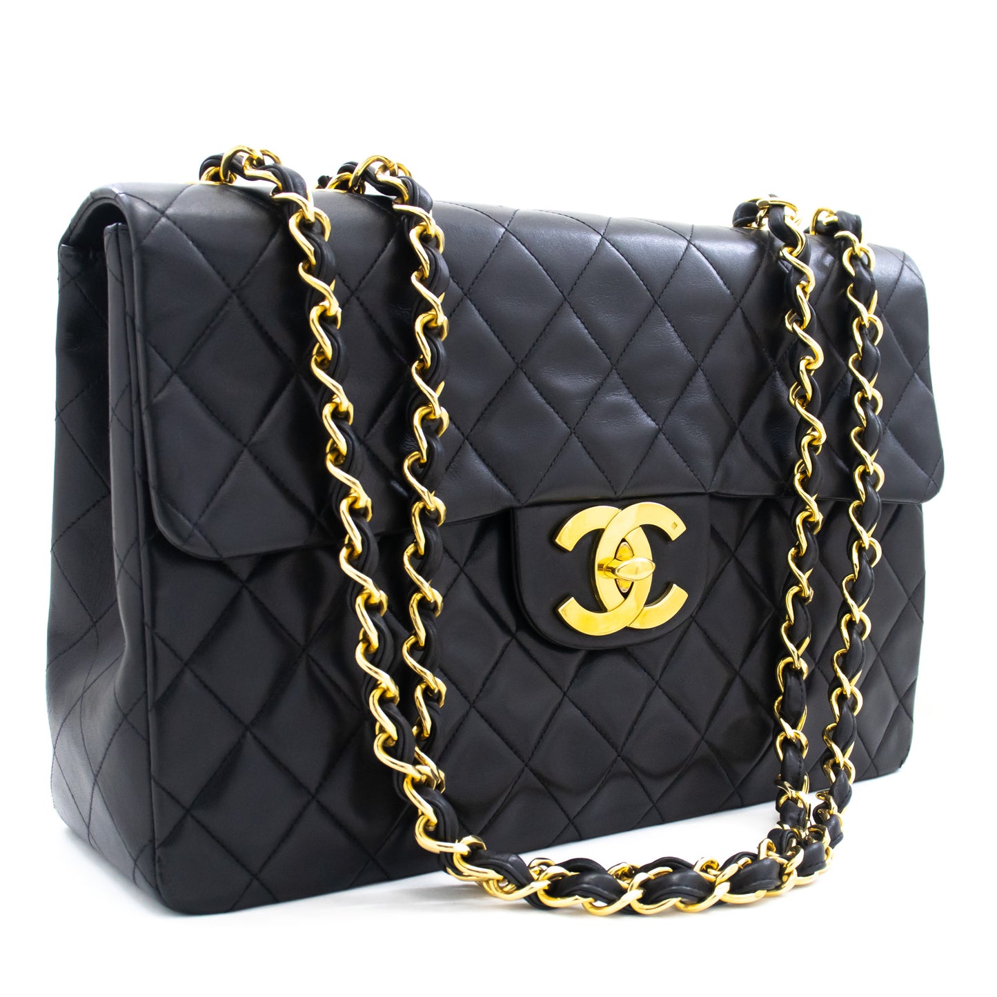 CHANEL Classic Large 13" Flap Chain Schultertasche Schwarz Lammleder j74 hannari-shop