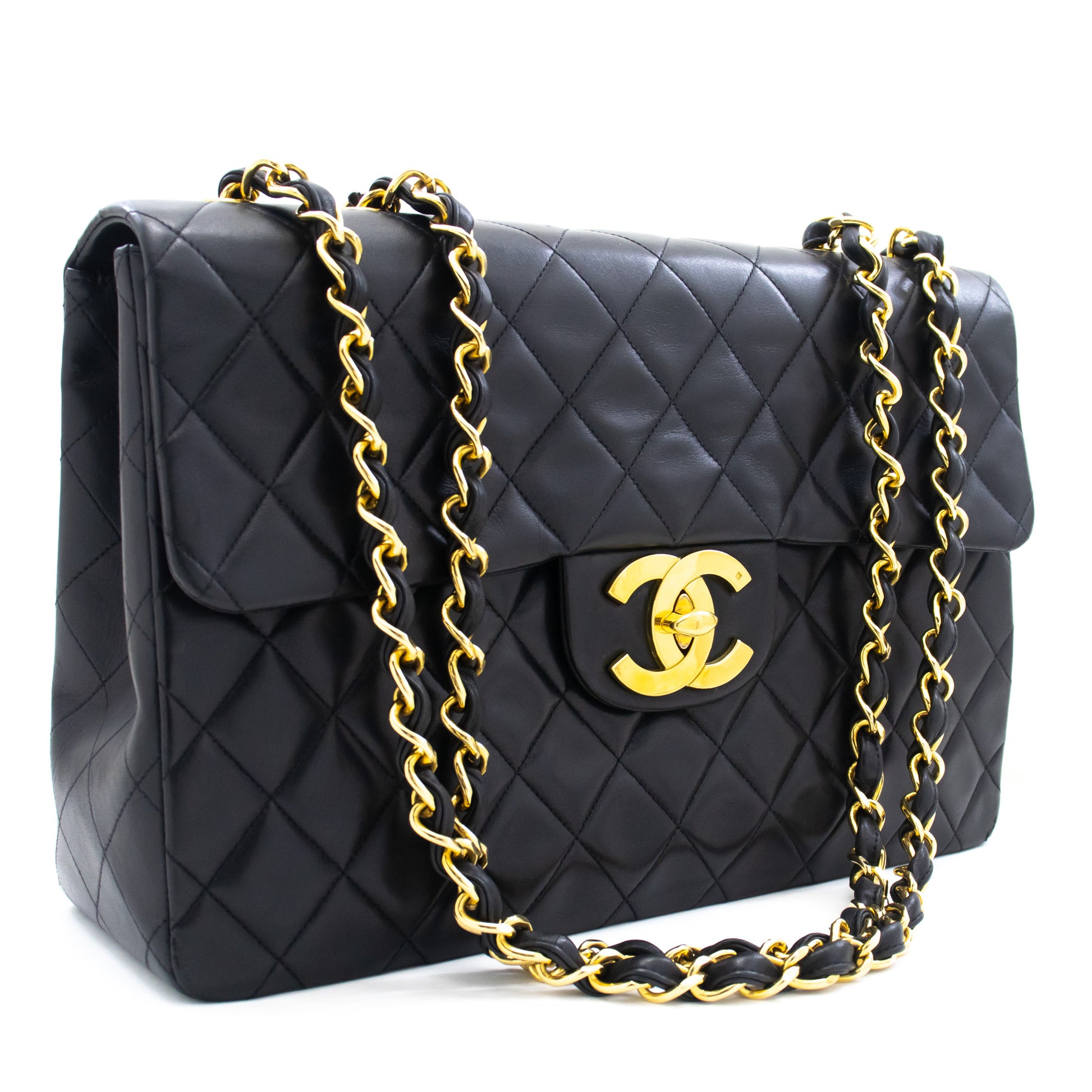CHANEL Classic Large 13" Flap Chain Schultertasche Schwarz Lammleder j74 hannari-shop