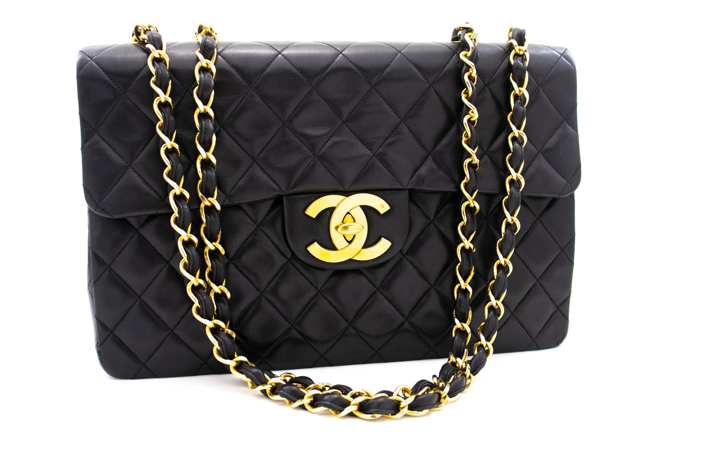 CHANEL Classic Large 13" Flap Chain Schultertasche Schwarz Lammleder j74 hannari-shop
