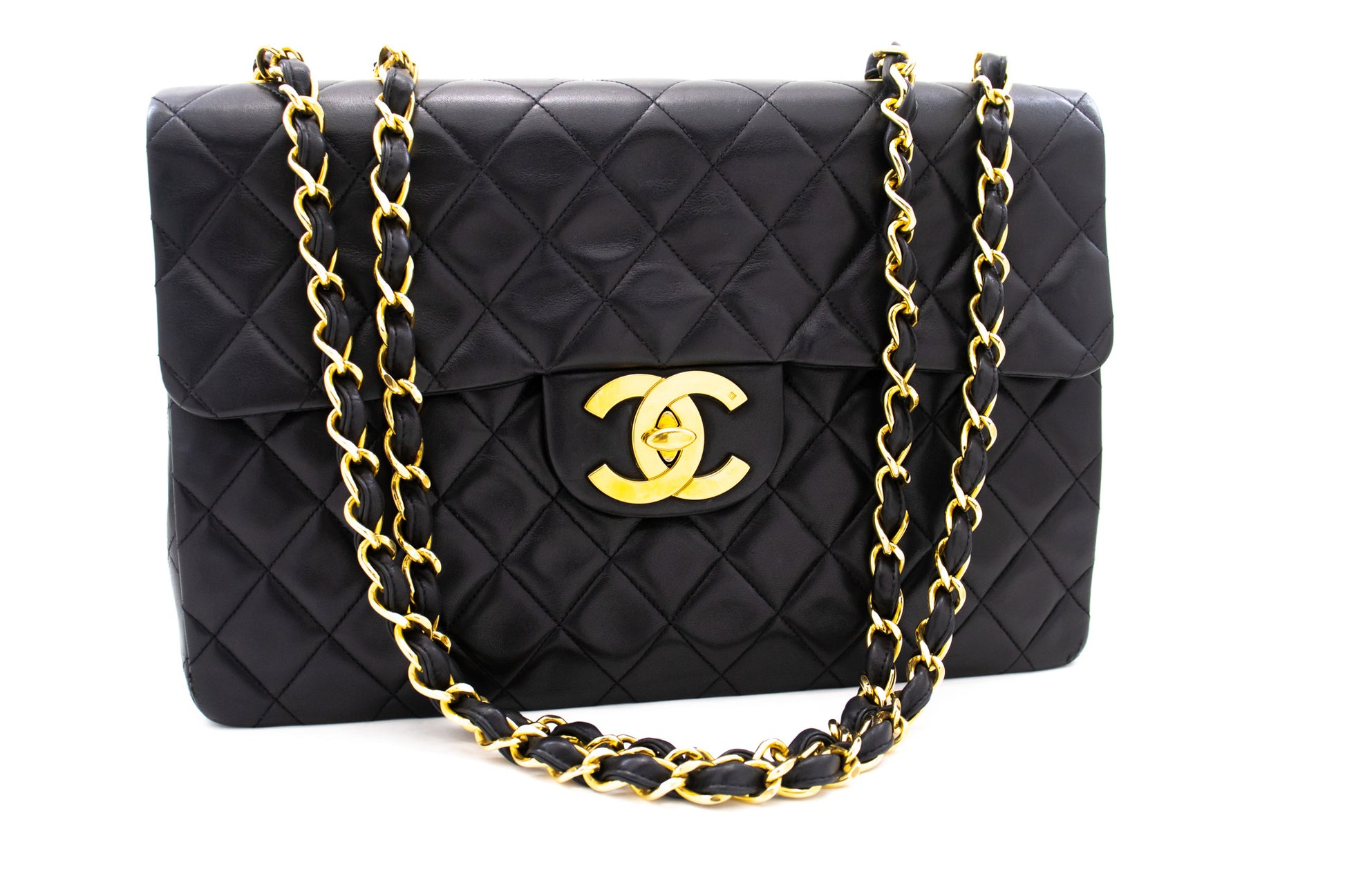 CHANEL Classic Large 13" Flap Chain Schultertasche Schwarz Lammleder j74 hannari-shop