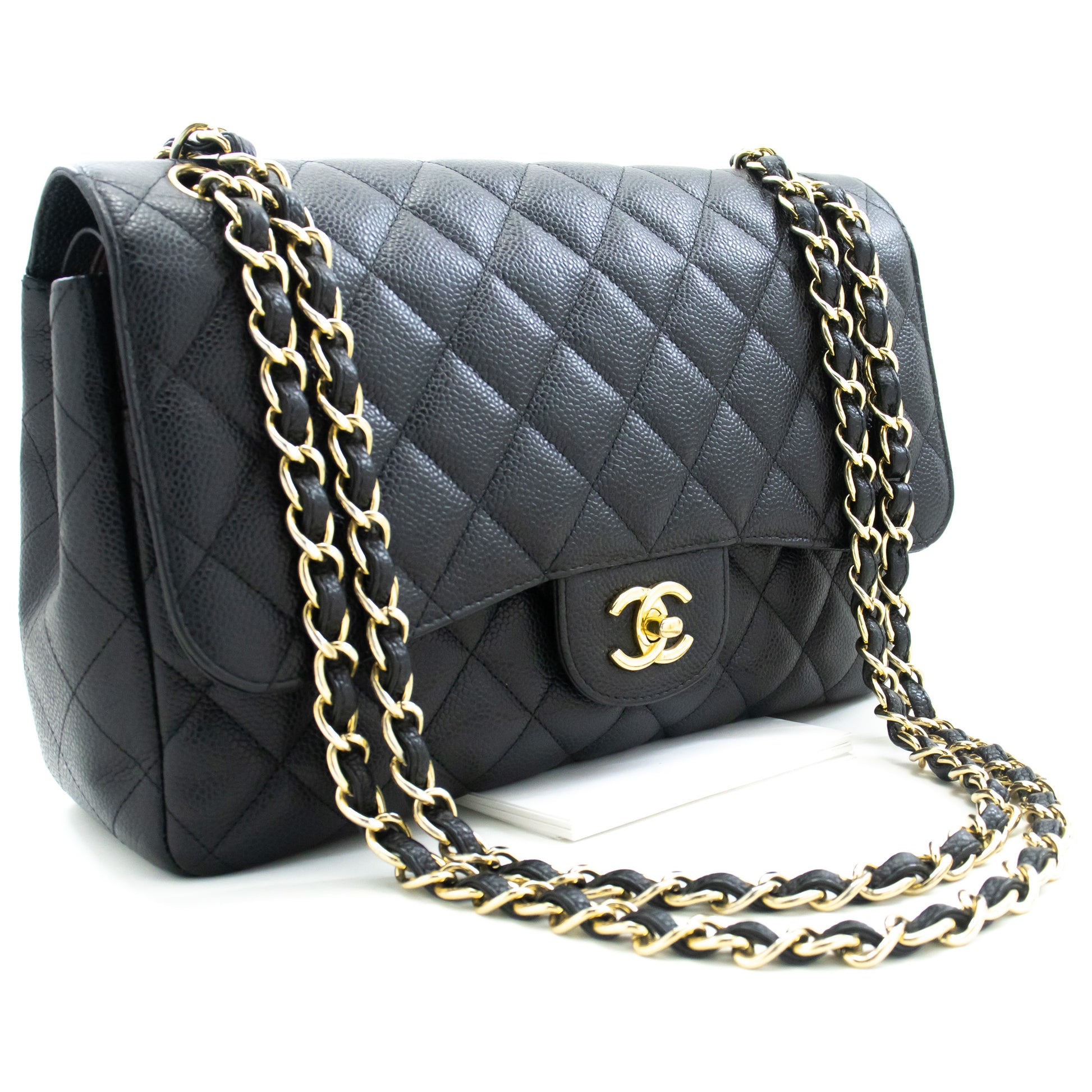 CHANEL Classic Large 11" Chain Schultertasche mit Klappe Schwarz Caviar L66 hannari-shop