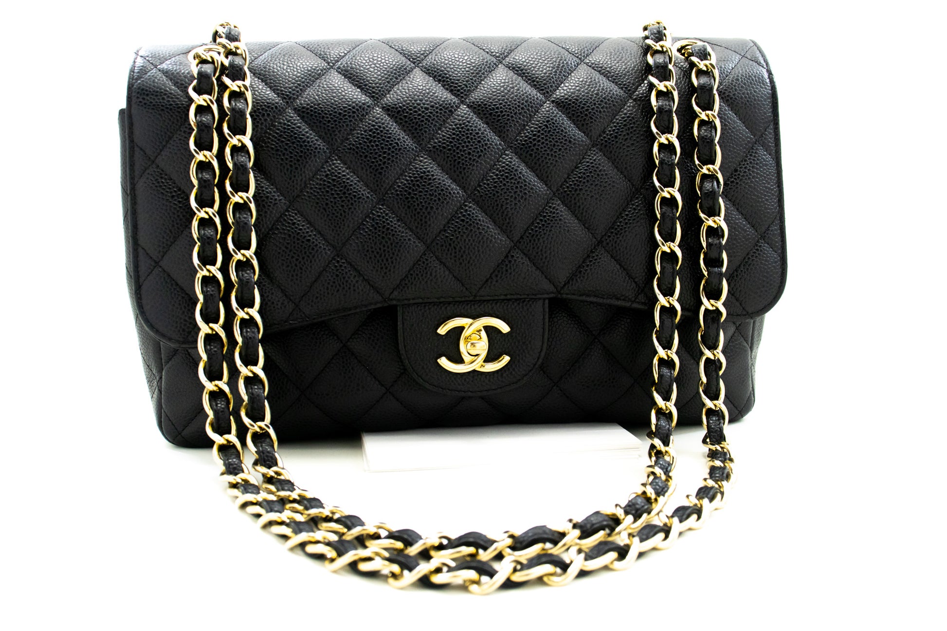 CHANEL Classic Large 11" Chain Schultertasche mit Klappe Schwarz Caviar L66 hannari-shop