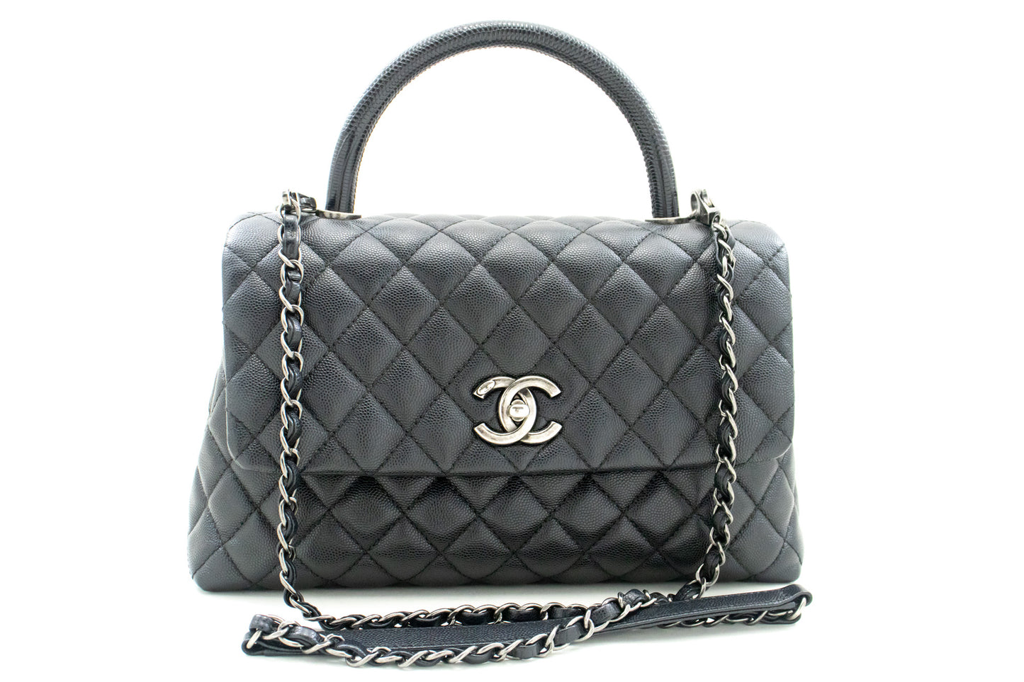 CHANEL 2-Wege-Top-Handle-Tasche Schultertasche Schwarz Caviar-Leder L52 hannari-shop