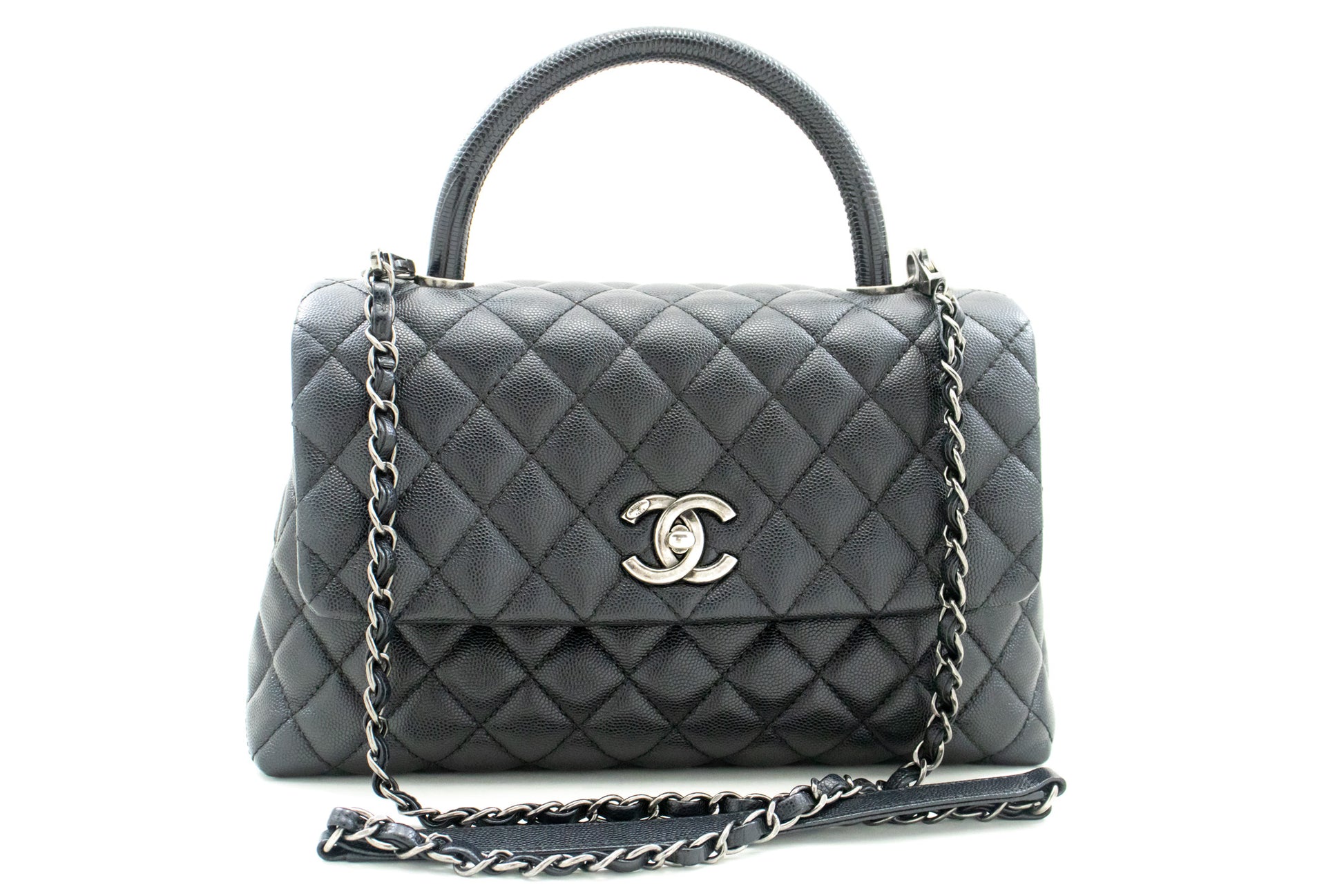 CHANEL 2-Wege-Top-Handle-Tasche Schultertasche Schwarz Caviar-Leder L52 hannari-shop
