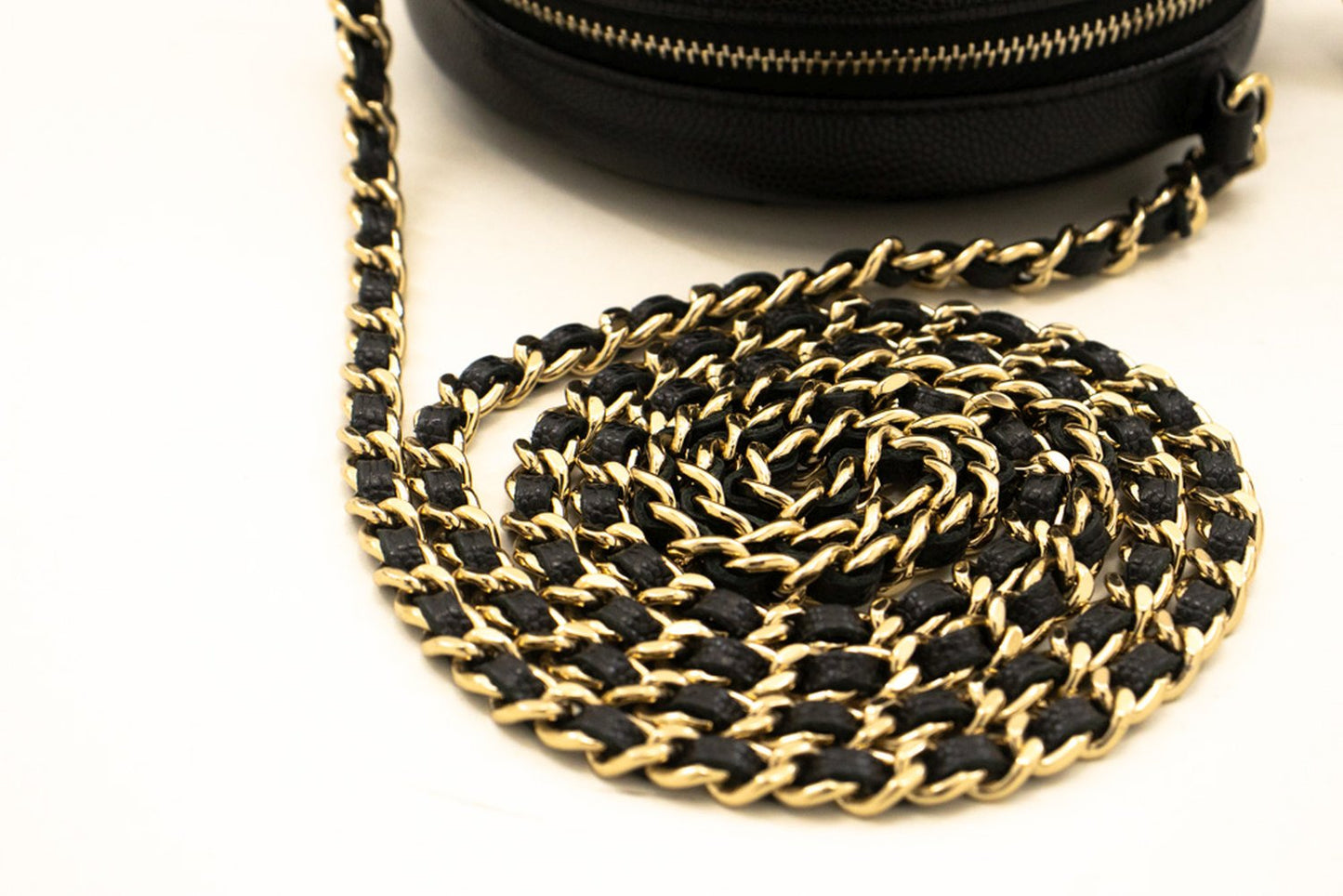 CHANEL Round Zip Caviar Small Chain Shoulder Bag Black Quilted m55 hannari-shop
