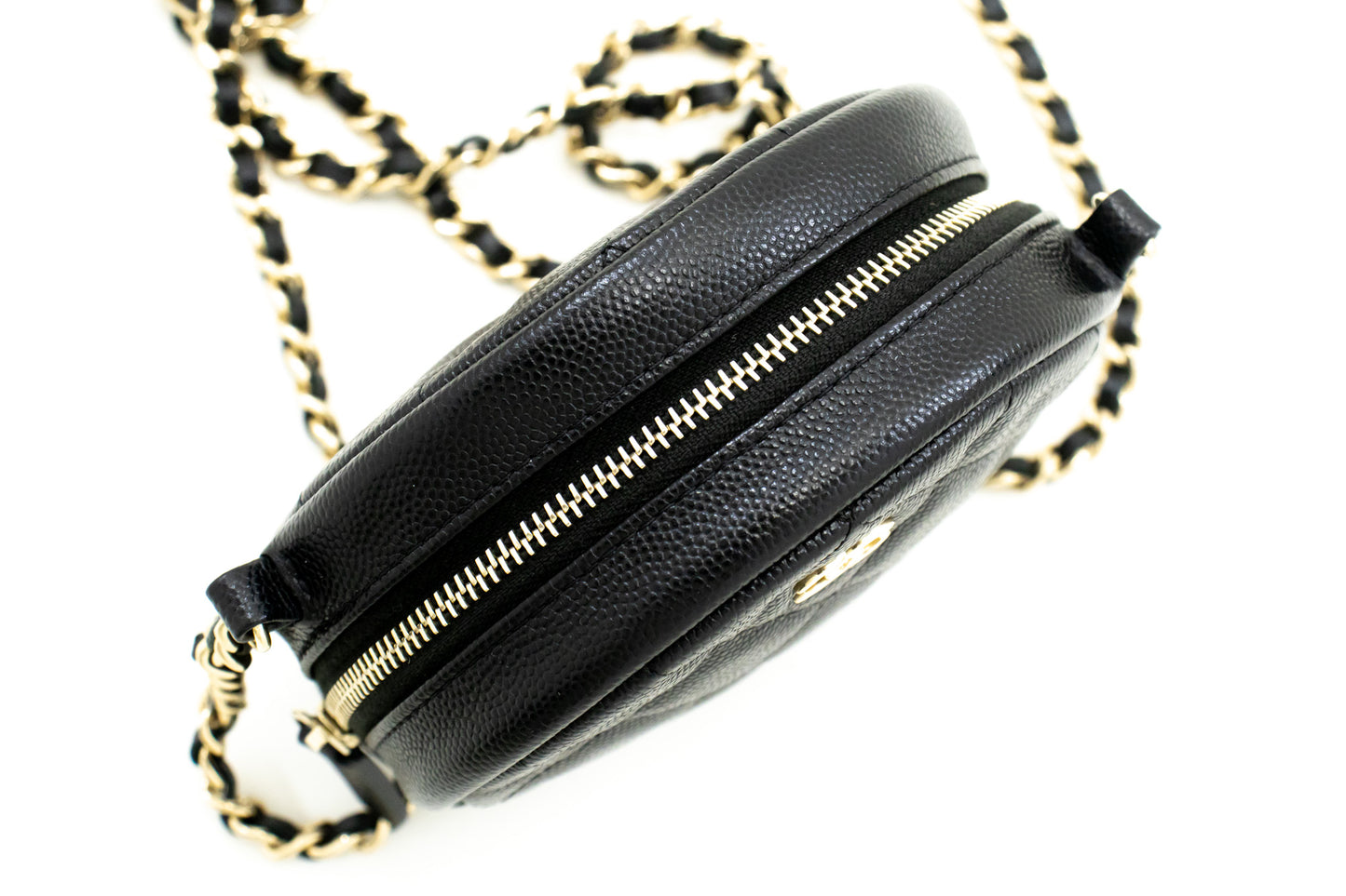 CHANEL Round Zip Caviar Small Chain Shoulder Bag Black Quilted m55 hannari-shop