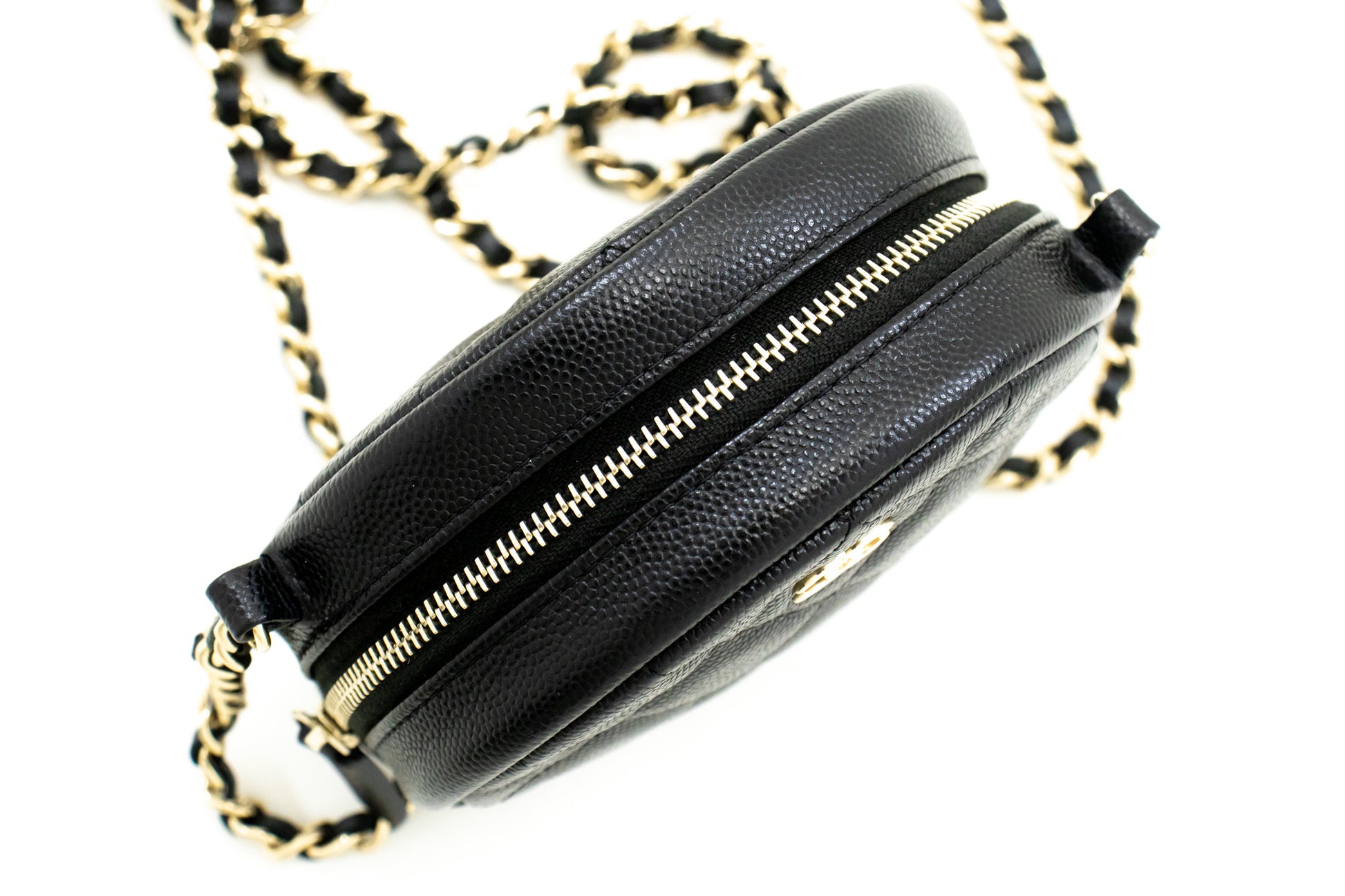 CHANEL Round Zip Caviar Small Chain Shoulder Bag Black Quilted m55 hannari-shop