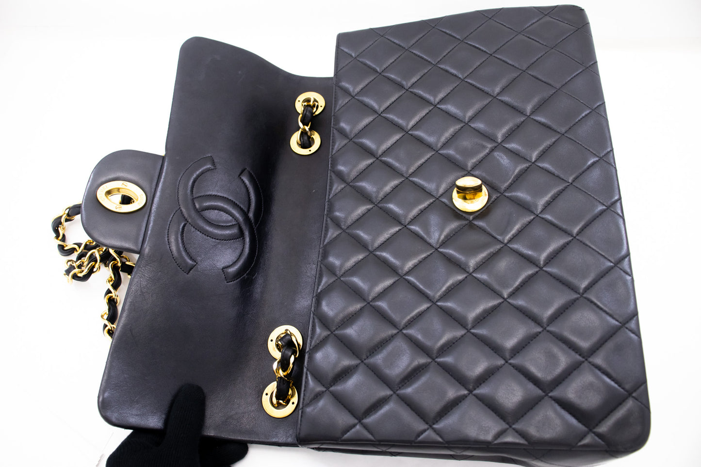 CHANEL Classic Large 13" Flap Chain Schultertasche Schwarz Lammleder j74 hannari-shop