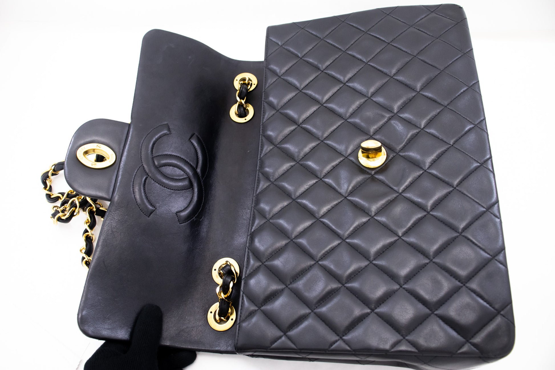 CHANEL Classic Large 13" Flap Chain Schultertasche Schwarz Lammleder j74 hannari-shop