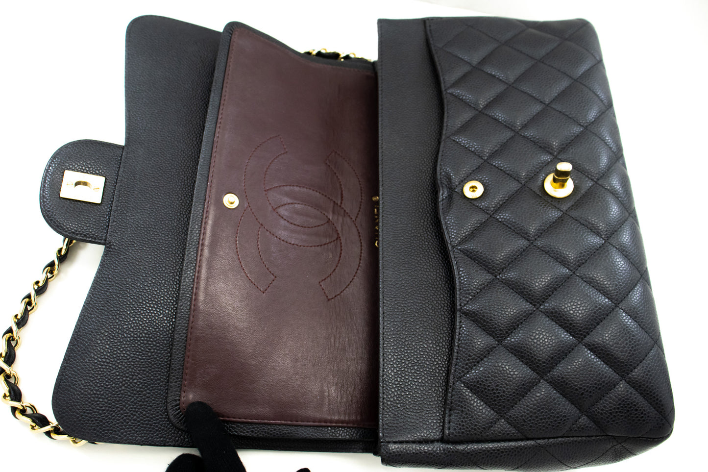 CHANEL Classic Large 11" Chain Schultertasche mit Klappe Schwarz Caviar L66 hannari-shop
