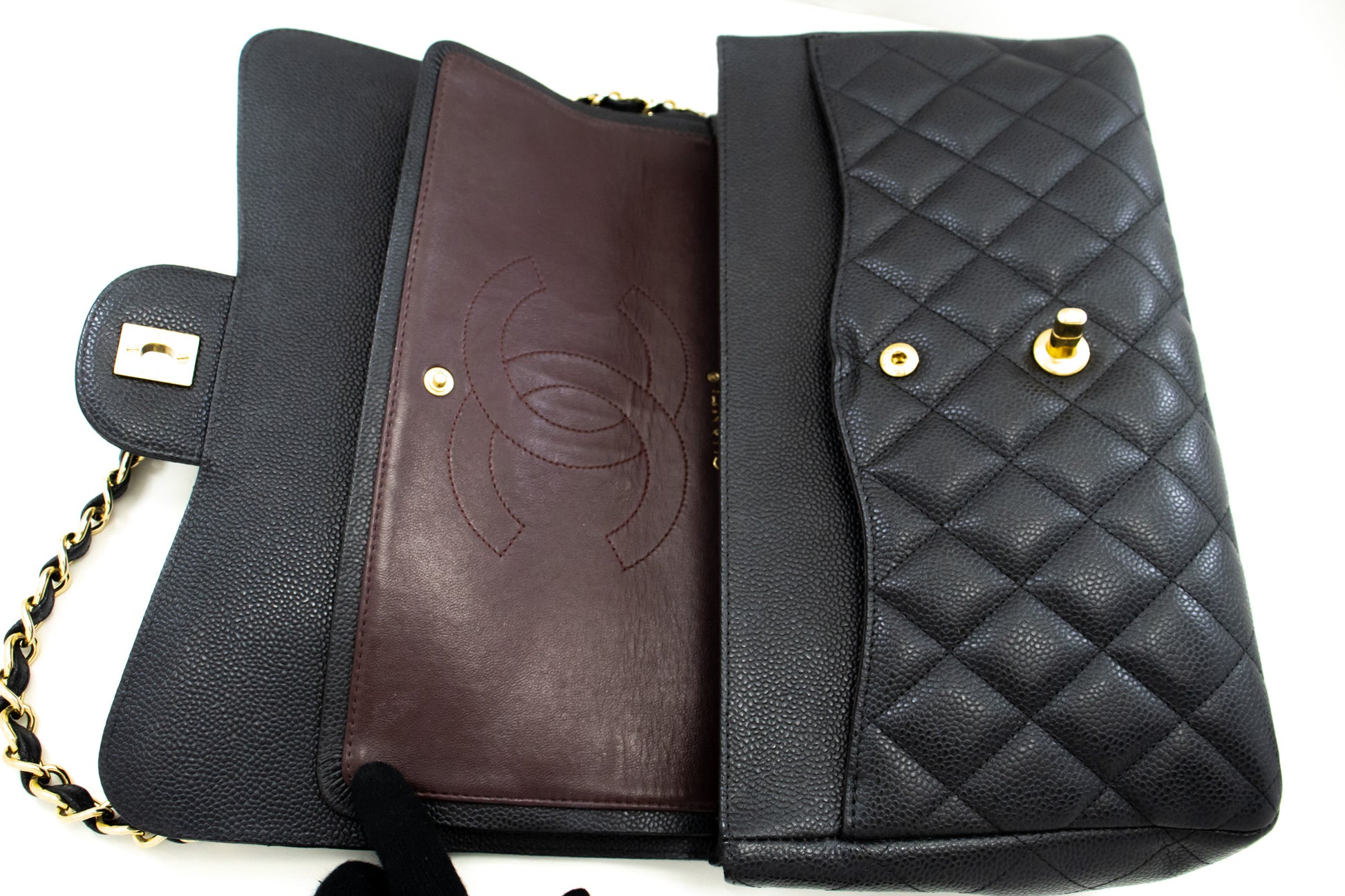 CHANEL Classic Large 11" Chain Schultertasche mit Klappe Schwarz Caviar L66 hannari-shop