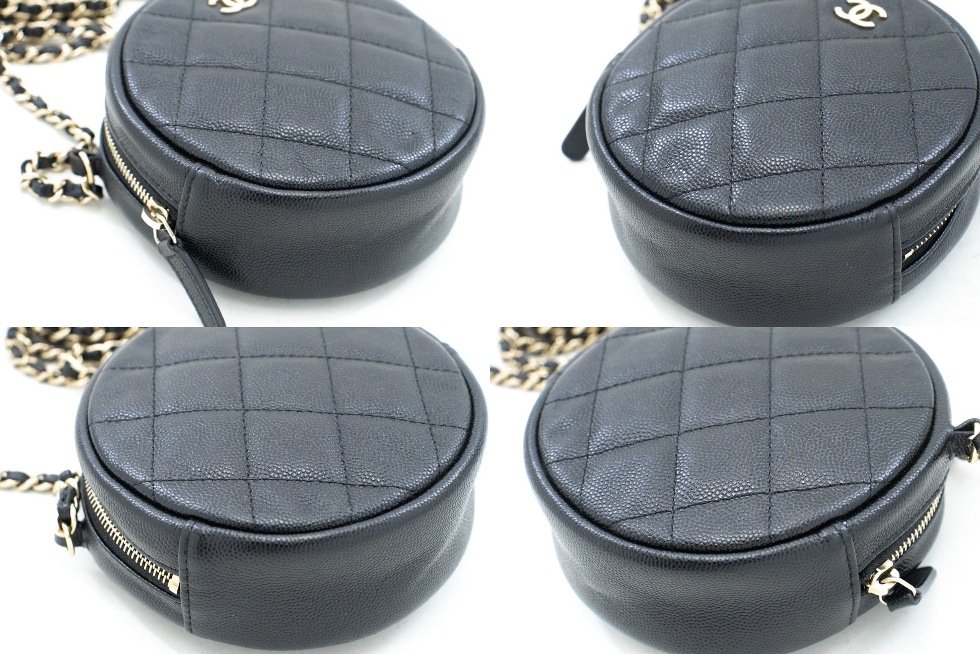 CHANEL Round Zip Caviar Small Chain Shoulder Bag Black Quilted m55 hannari-shop